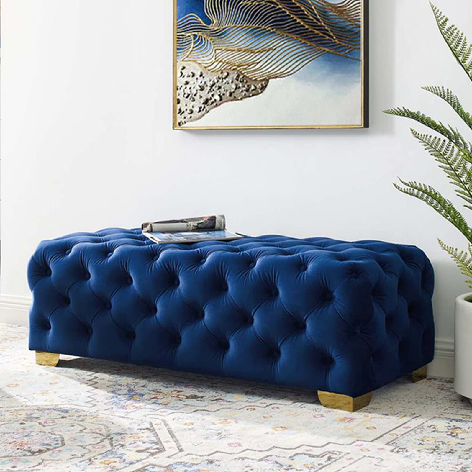 Banc à chaussures robuste capitonné bleu avec assise rembourrée grand confort