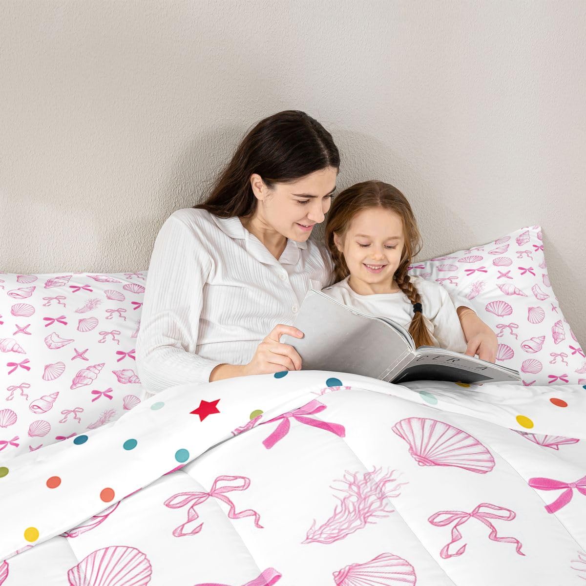 Summer Sea Kinder-Bettwäsche-Set für King-Size-Bett, Kawaii-Fliege, Muschel, Ozean, Muschel, Seetang, nautische Steppdecke, rosa-weiß, Schlafzimmer-Bettbezug, 2 Kissenbezüge