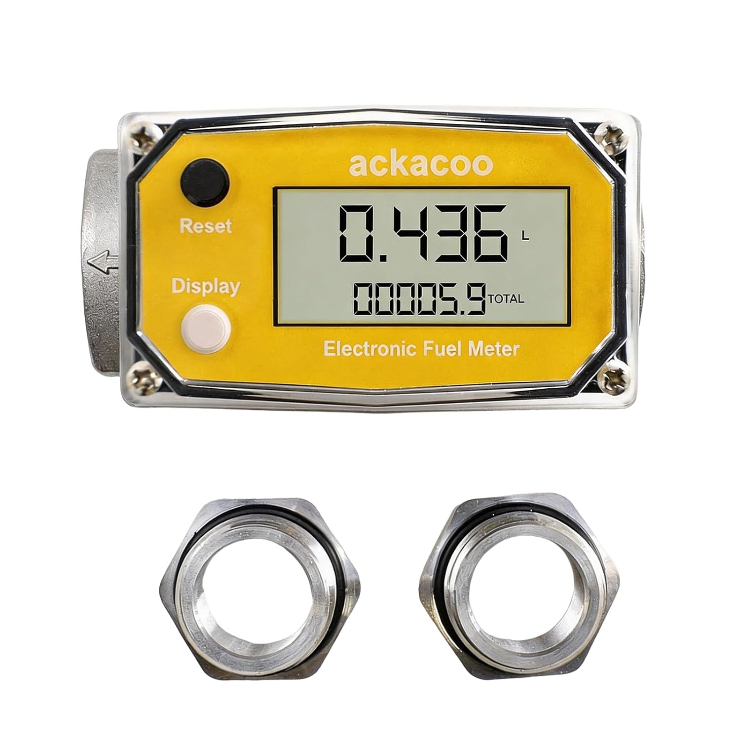 1 Inch Digital Turbine Fuel Flow Meter 2.6-26 GPM with 3/4 Adapters NPT Aluminum Battery Powered LCD Water Flow Meter for Diesel Gasoline Water Oil - Measures Gallon, QTS, PTS, L, m³