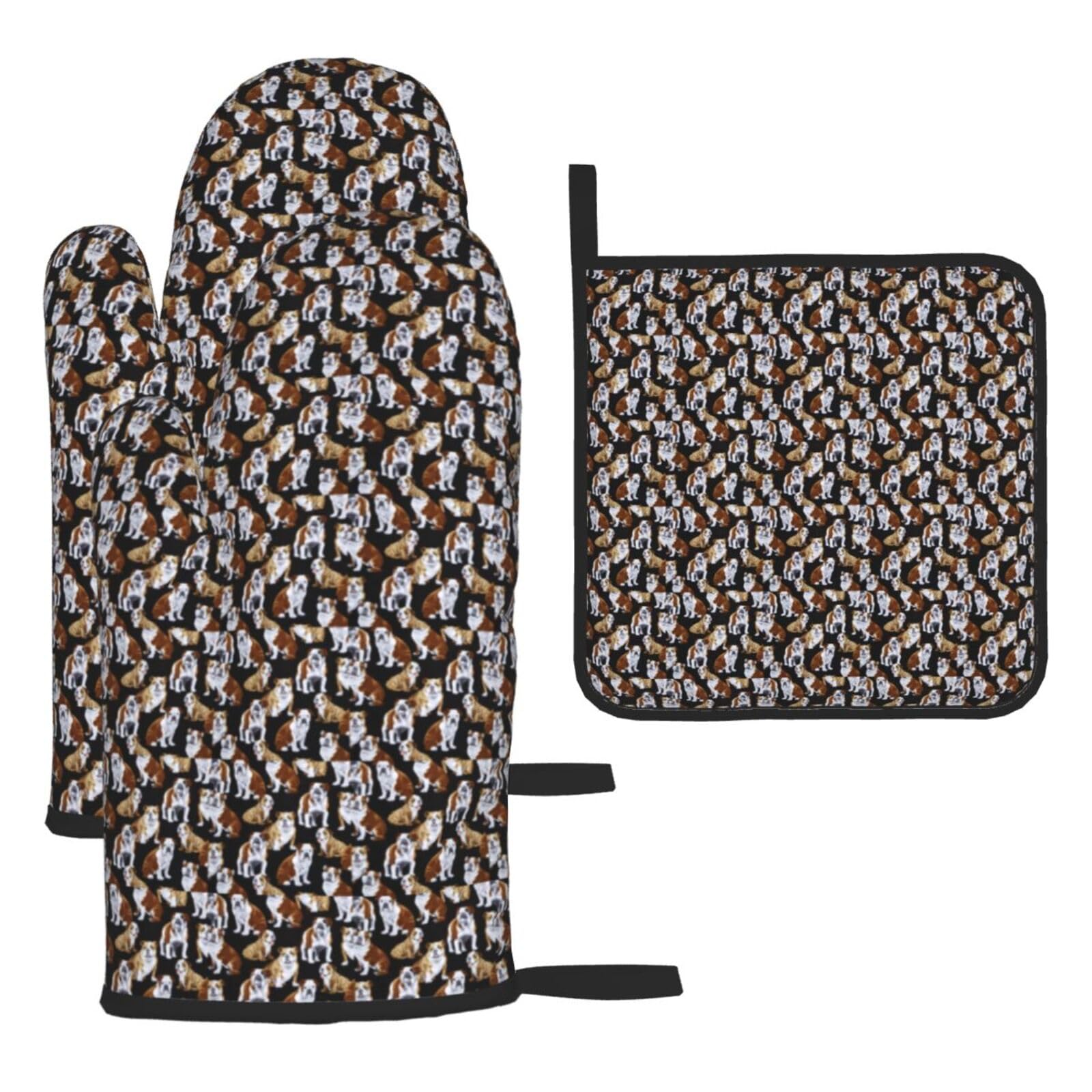 English Bulldogs Print Oven Kitchen Gloves For Baking Outdoor Grilling Home Use Mitts Microwaving Bbq