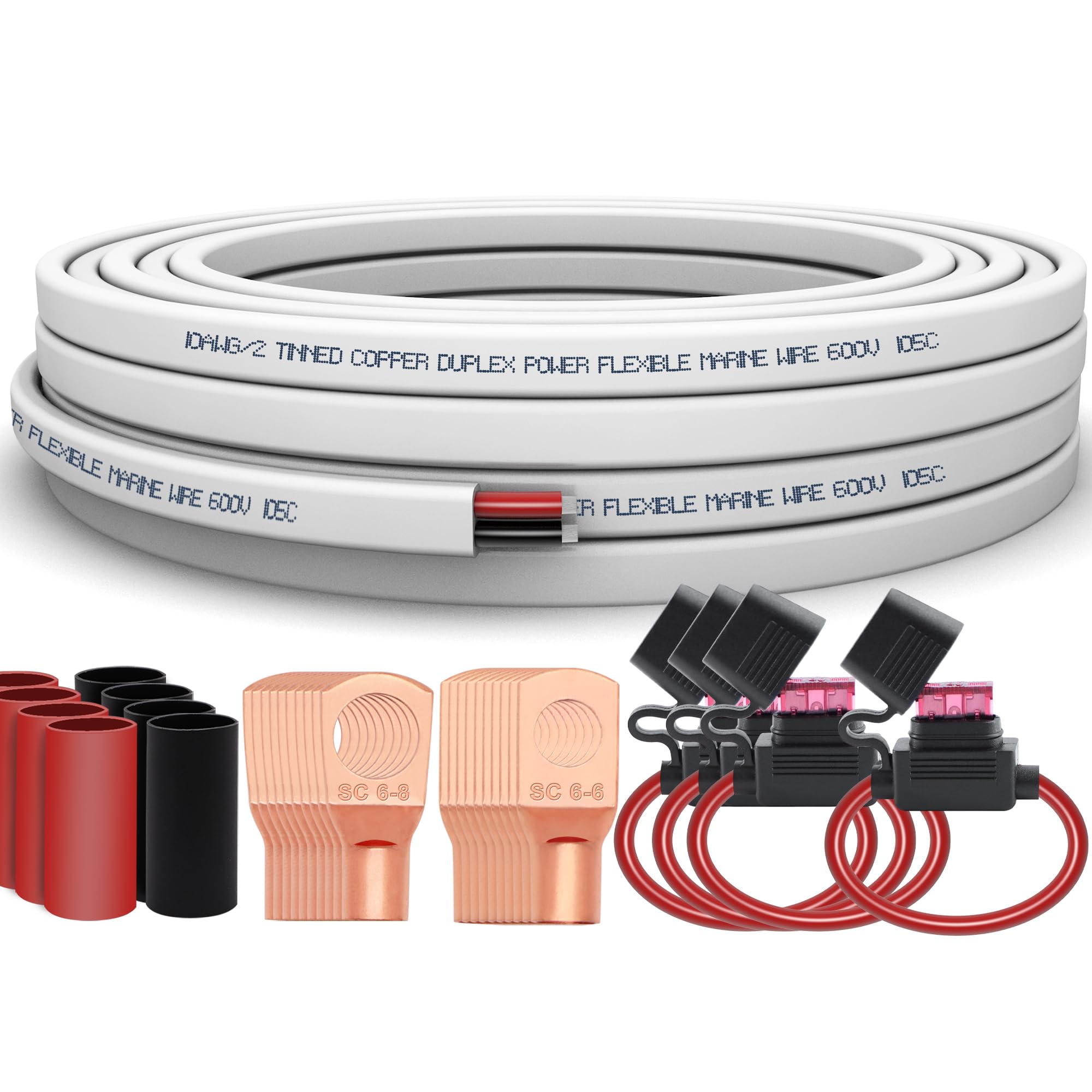 Taigoehua 20FT 10 Gauge Duplex Marine Wire(4pcs 40A Fuse Holder/20pcs Lugs/ 3:1 Heat Shrink Tube)-Tinned Oxygen-Free Copper OFC - for Marine/Boat/Automotive/RV/Camper/Trailer