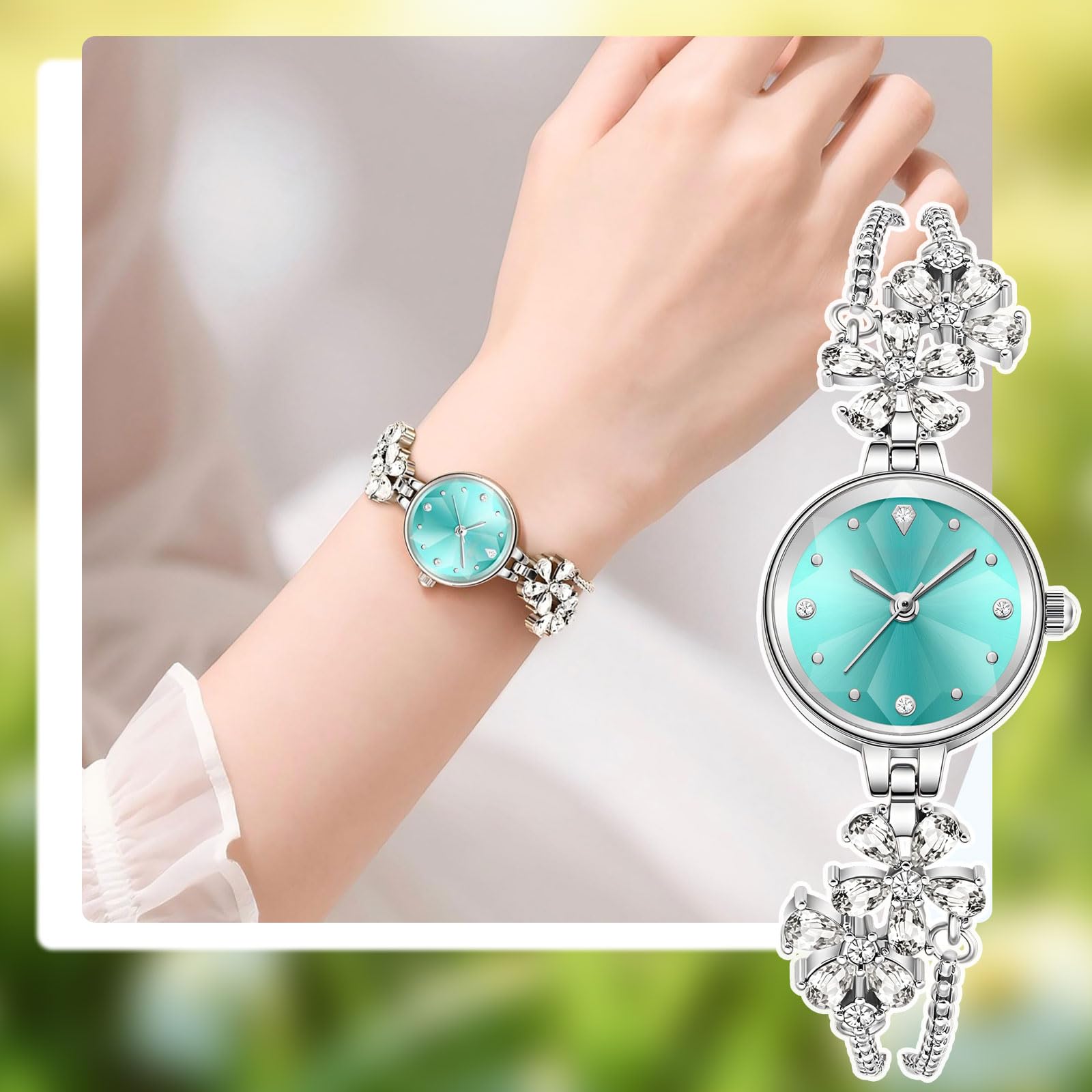 findtime Analoge Damenuhr Klein Schmal Quarzuhr Diamond Glizer Minilistische Exquisite Armreif Armband Uhr Damen Mädchen 3ATM Wasserdicht Elegant Luxus Design Silber Weiß