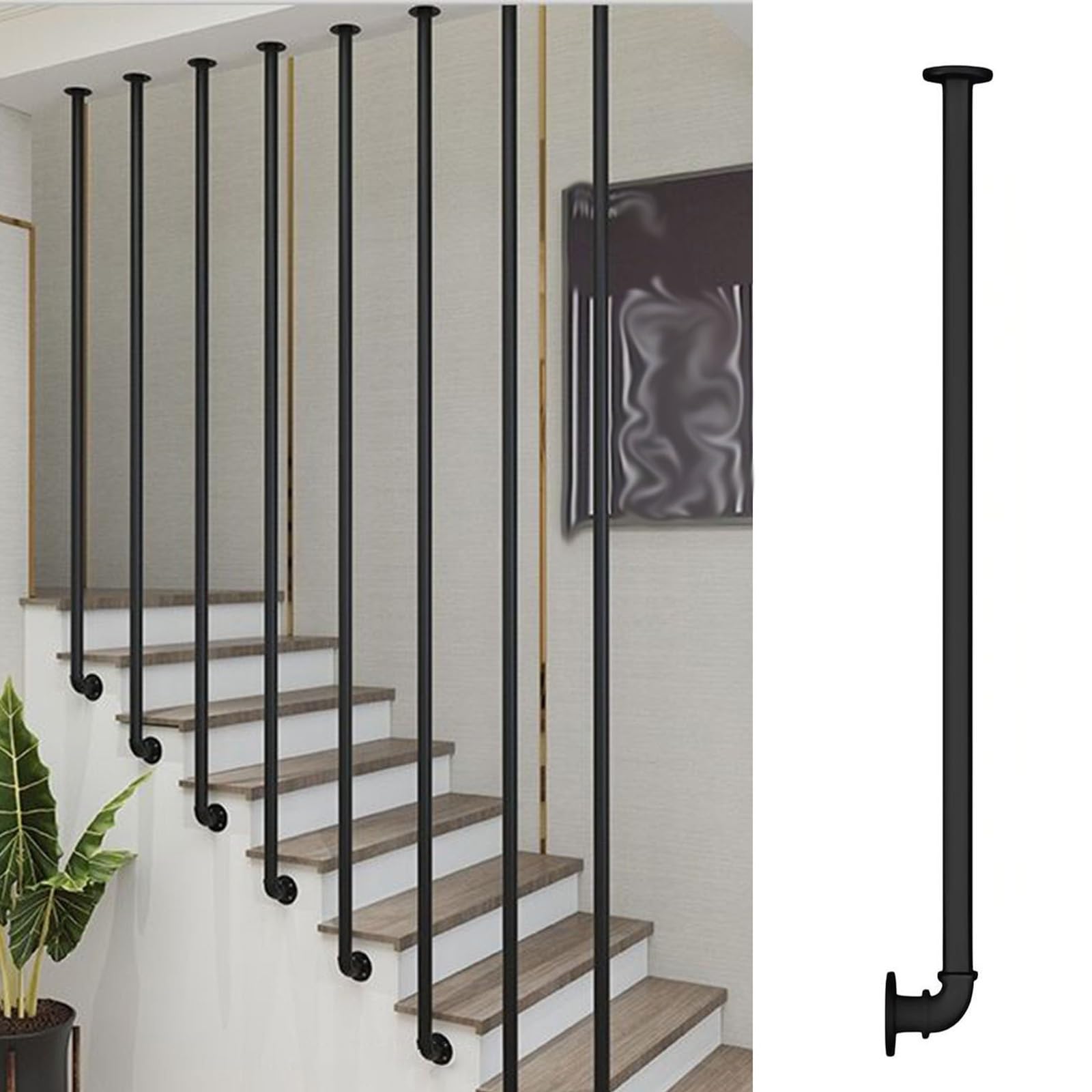 Customizable Metal Stair Railing, Side-Mounted Balusters for Straight & Angled Stairs, Easy Installation, 205cm, Elegant Gold Finish