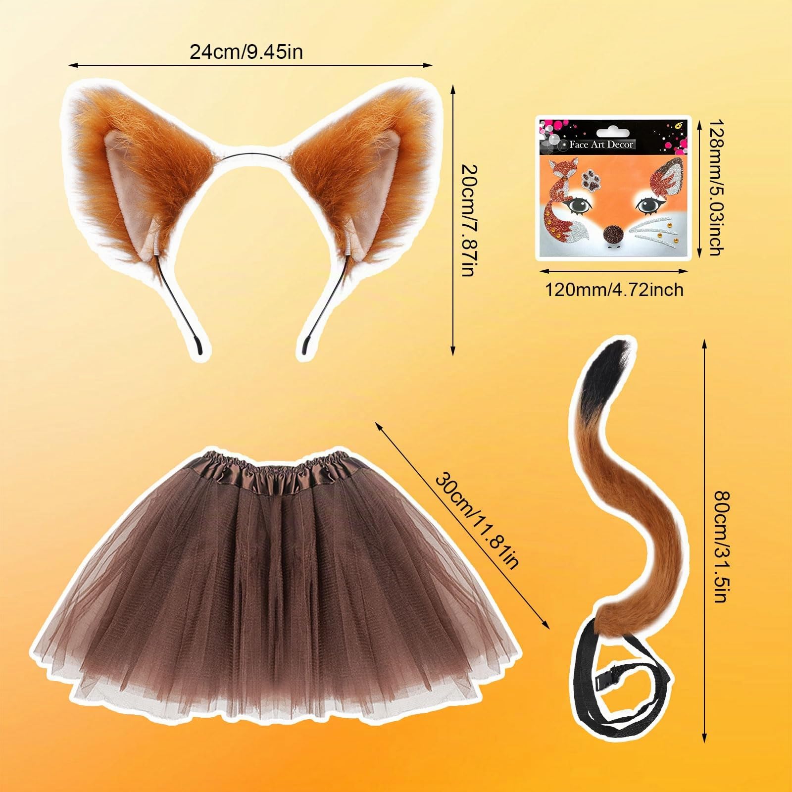 4 pezzi costume da volpe per bambini e adulti, orecchie di volpe finte, fascia per capelli, coda, tutù, gonna, tatuaggi, per travestimenti, cosplay, Halloween, festa mondiale del libro