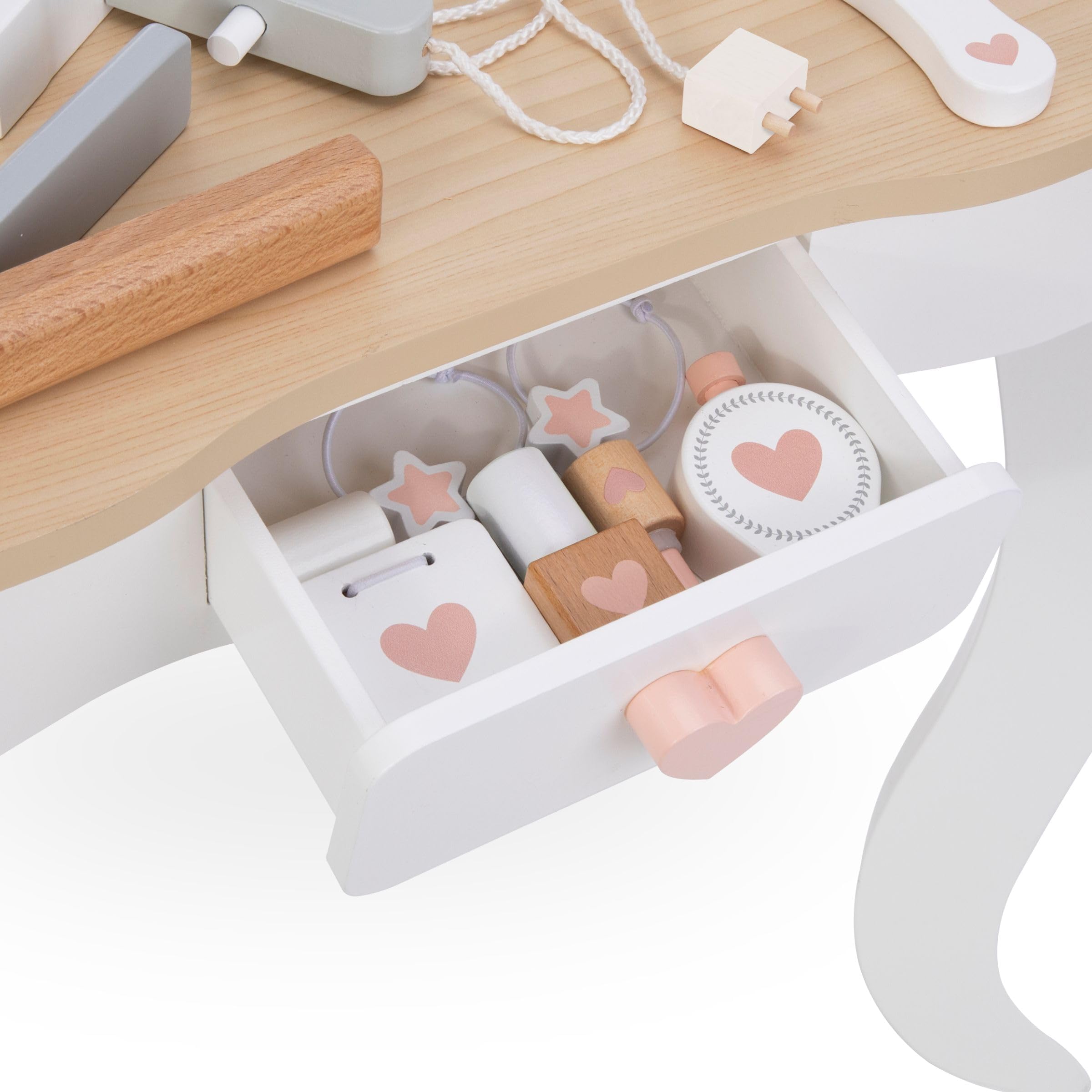 mamabrum Makeup Dreeser - Maquillaje de Madera Dresser para Niñas - Vanidad,Perfume, Esmalte de uñas, Cepillo, Lazos para el Pelo y Mesa de Maquillaje Estación de Maquillaje Niña Pequeña