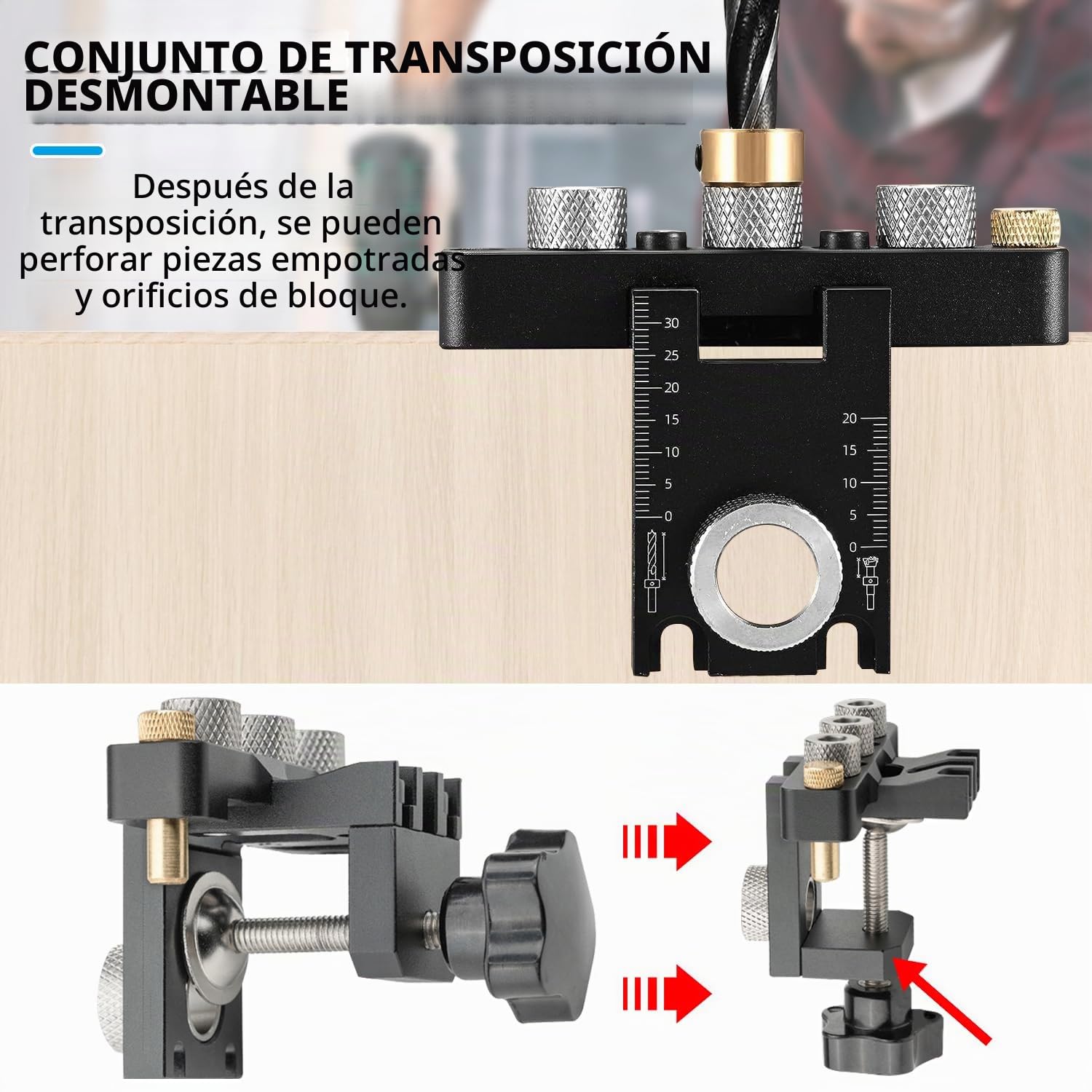 FIVAVA 3 en 1 Plantilla de Perforación 8/10/15mm, Guía Ajustable con Clip de Posicionamiento, Kit para Tacos de Madera y Bisagra Oculta, Herramientas de Carpintería para Muebles