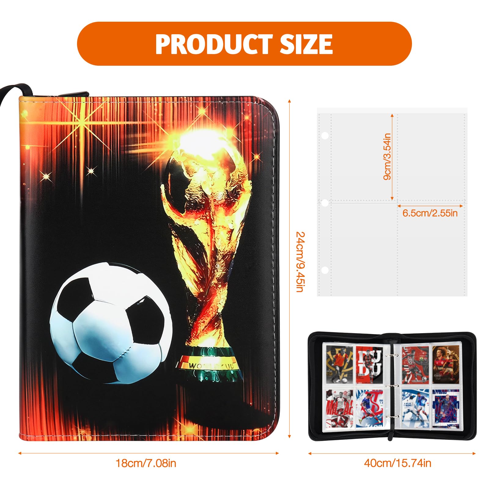 DAJASD Football Card Binder, 4 Pocket Football Card Holder with 60 Removable Sleeves Fits 400 Sport Cards, Waterproof PU Leather Trading Card Binder with Zipper for Standart Size Cards Collector Album - Image 4