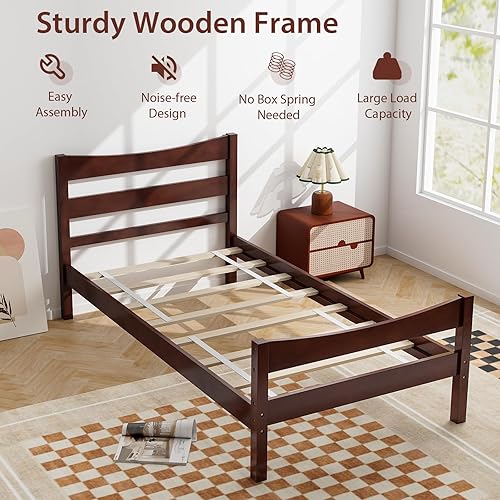 Miniatura 4 de Giantex Base de cama de madera tamaño individual, plataforma de estilo rústico con cabecera y estribo, soporte de listones de madera maciza, no