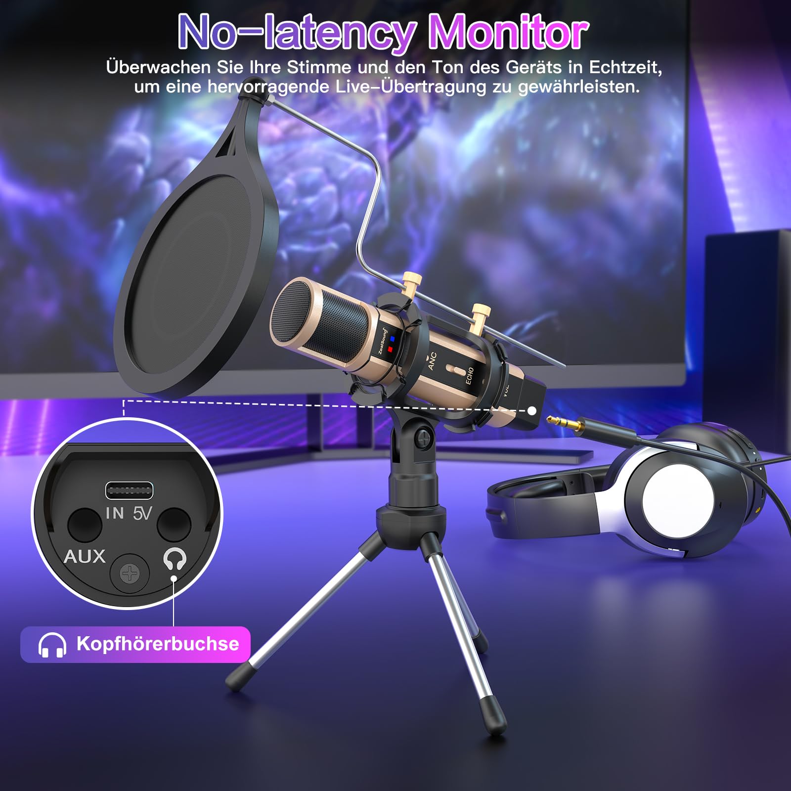 zealsound Mini USB Kondensator Mikrofon für PC Mac & Handy, Kompakt Tischmikrofon mit Rauschunterdrückung & Eingebauter Hall, Plug und Play für Aufnahmen, Streaming, Gaming, Live Stream, k08