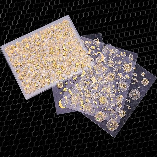 Miniatura 9 de Calcomanías de uñas 3D de luna y estrella calcomanías holográficas diseño de planetas de estrellas luna y sol calcomanías de arte de uñas doradas