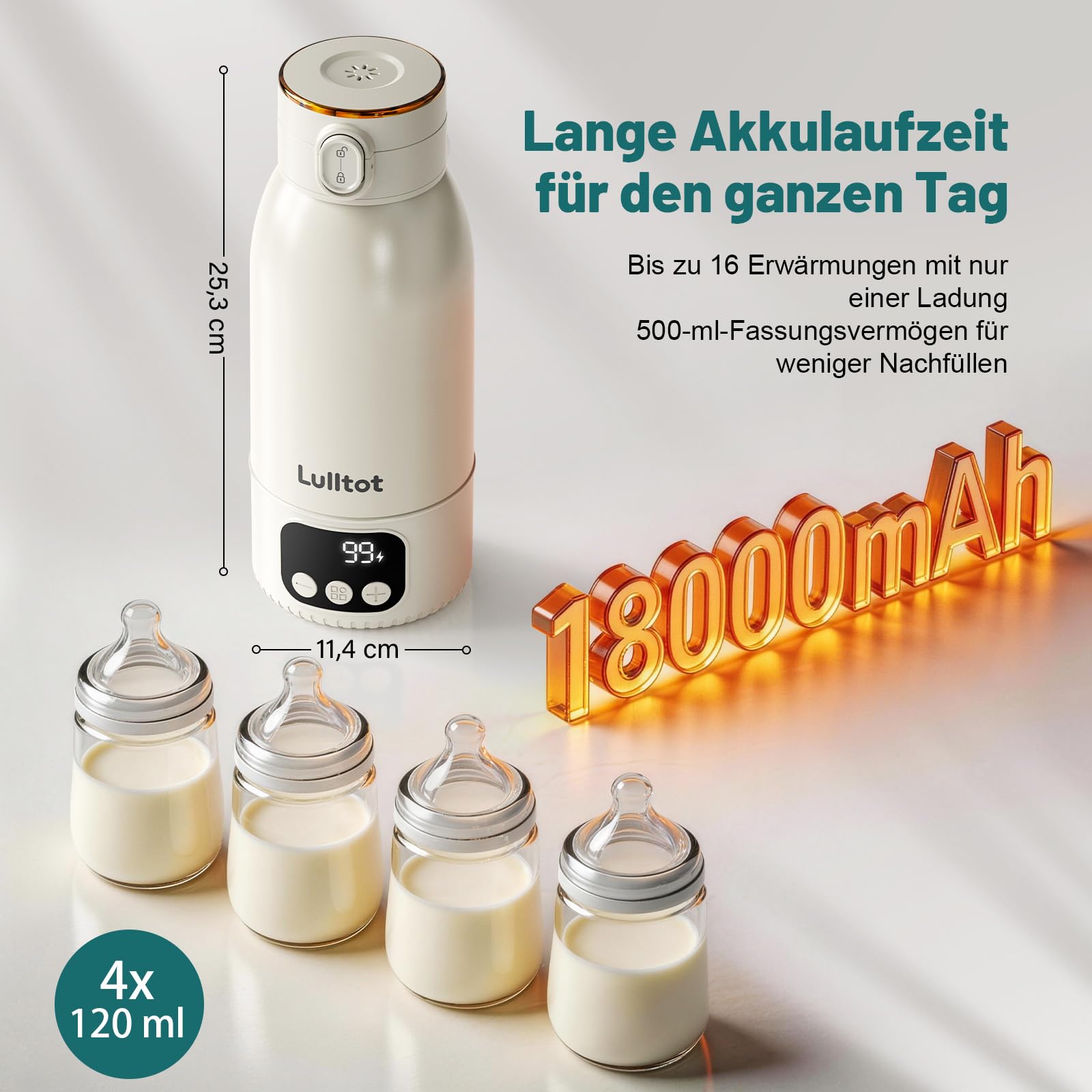 Flaschenwärmer Baby Unterwegs: schnell erwärmen | Akku mit langer Akkulaufzeit 18000 mAh, Kabellos Tragbarer, für Muttermilch & Wasser, für Reisen & nachts, 500ml Kapazität