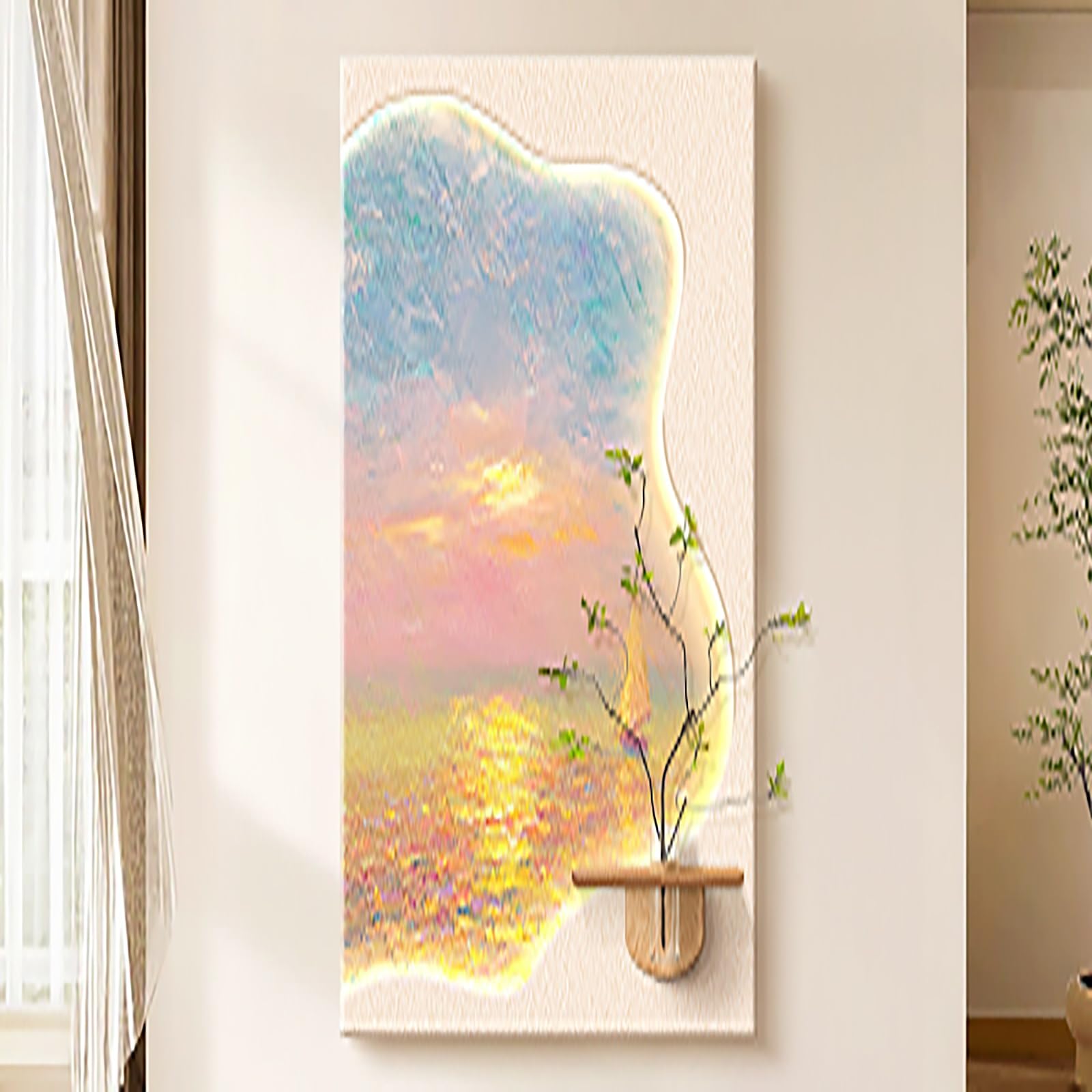 ZCQMSCWW 3D LED Wall Art Painting, Illuminated Borderless Design with Integrated Glass Vase Plug-in Power Vertical Hanging for Living Room Bedroom(A,120 * 60cm/47.2 * 23.6in)