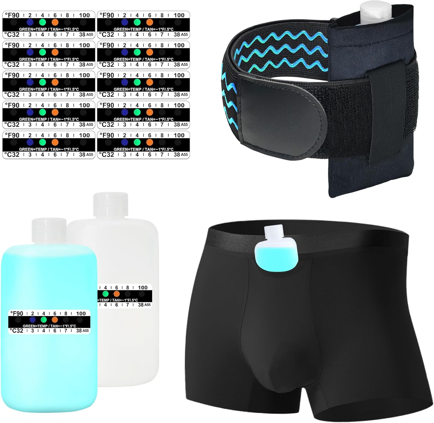 Urine Test Complete Kit - 2 Urine Empty Bottles of 3.5 oz Each, 1 Hi-Stretch Hidden Leg Strap, 10 Temperature Test Strips and 1 Storage Pouch, 1 Lining Pocket Boxer Brief for Travel Testing (L)