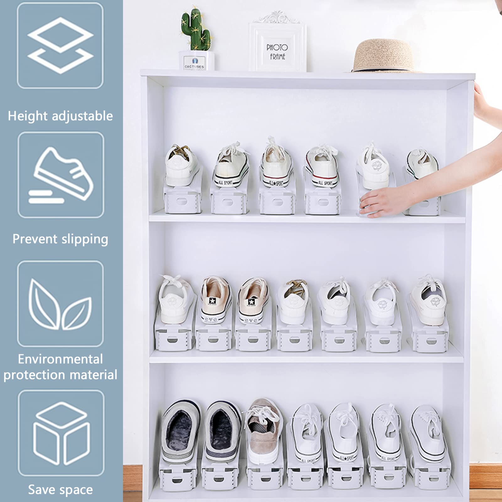 10 regulowanych regałów na buty, materiał PP, organizer na buty, podwójna warstwa, 3 regulowane półki na buty, oszczędność miejsca, antypoślizgowe półki na buty (białe)