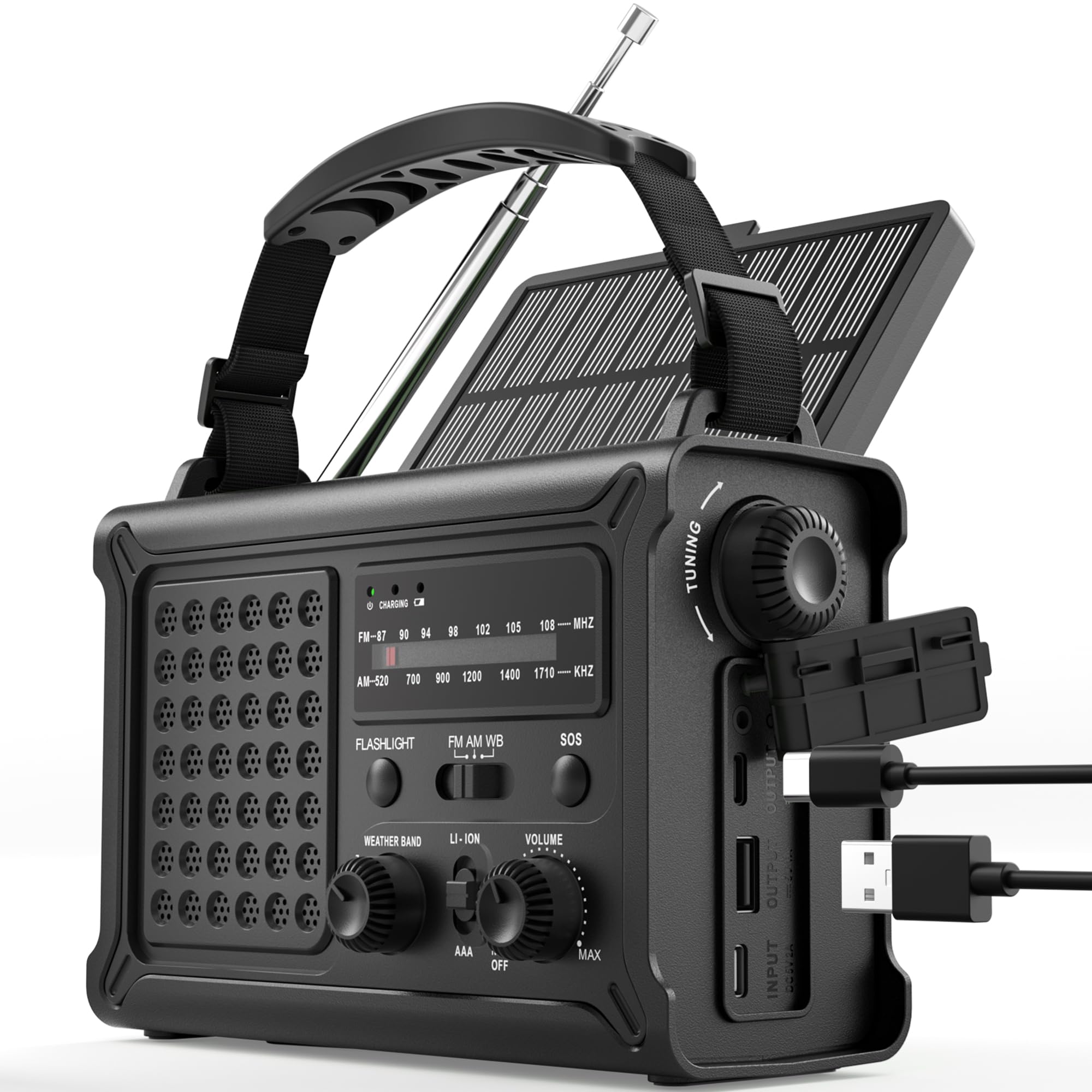 ROCAM 12000mAh Notfallradio mit Kurbel und Solar, Camping Radio mit AM/FM | 8500mm² Solarpanel, 650mA Kurbel, Tragbares Batteriebetriebens Radio, LED Taschenlampe, USB, SOS, IPX6 für Notfälle &Blackout