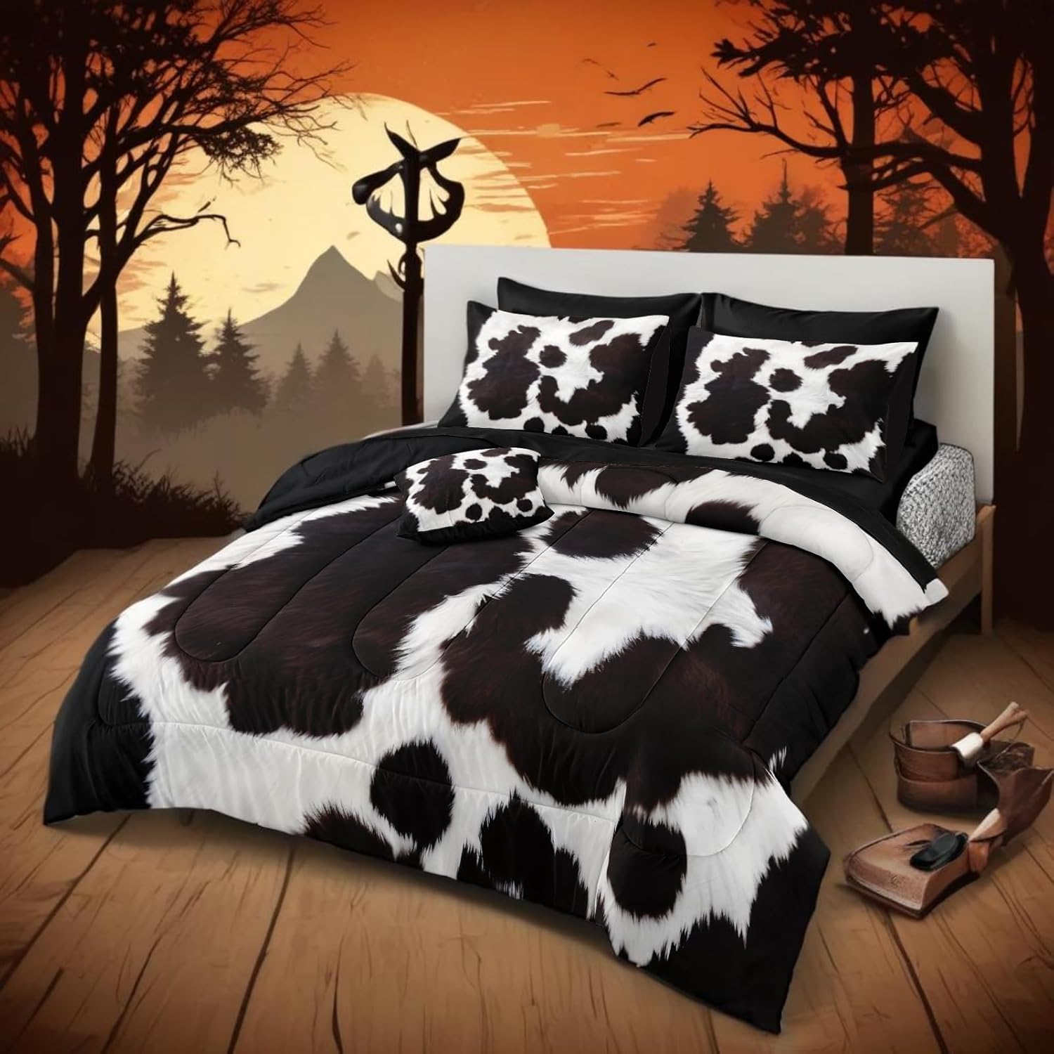 Bedbay Cowhide Comforter Set Queen Size Bed in a Bag Set Boys Girls Western Farmhouse Cow Print Bedding Set Black White Brown Cowhide Printed Rustic Bedding Comforter 8 Pieces (Cow Print,Queen) - Image 7