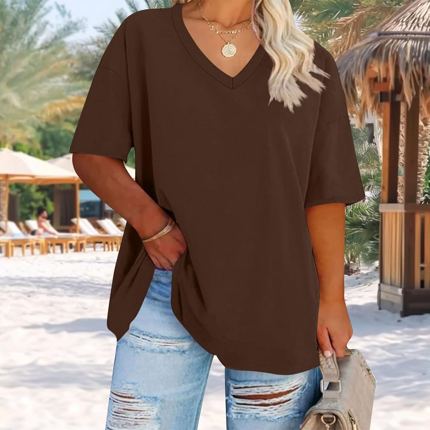 Plus Size Oversized T Shirts Women Trendy V Neck Short Sleeve Drop Shoulder Tshirt Casual Summer Tunic Tops