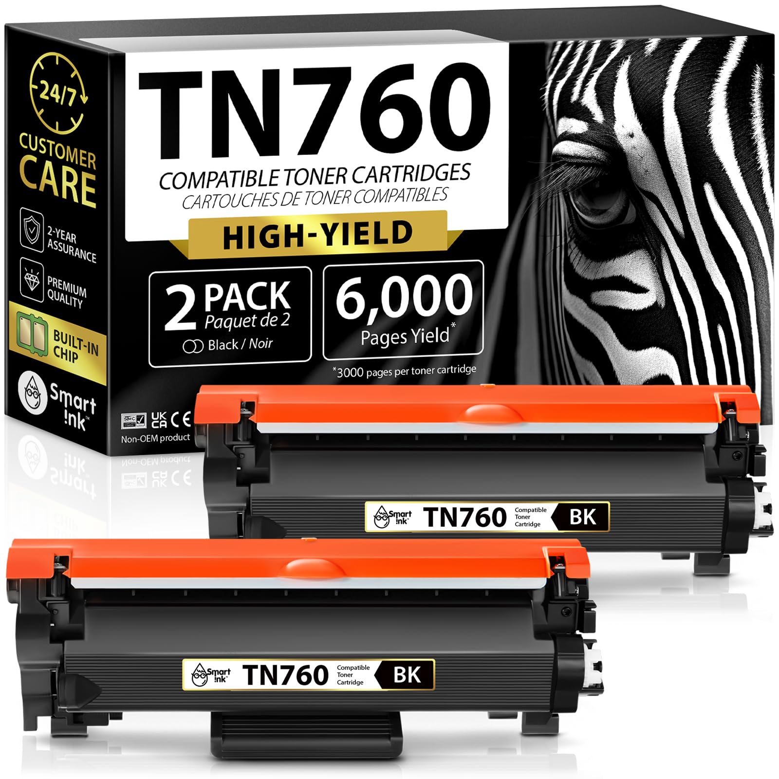 Smart Ink Compatible TN 760 Toner Cartridge Replacement for Brother TN760 TN730 2 Pack (CHIP) to use with HL-L2390DW DCP-L2550DW HL-L2350DW HL-L2370DW MFC-L2710DW HL-L2370DWXL MFC-L2730DW MFC-L2750DW