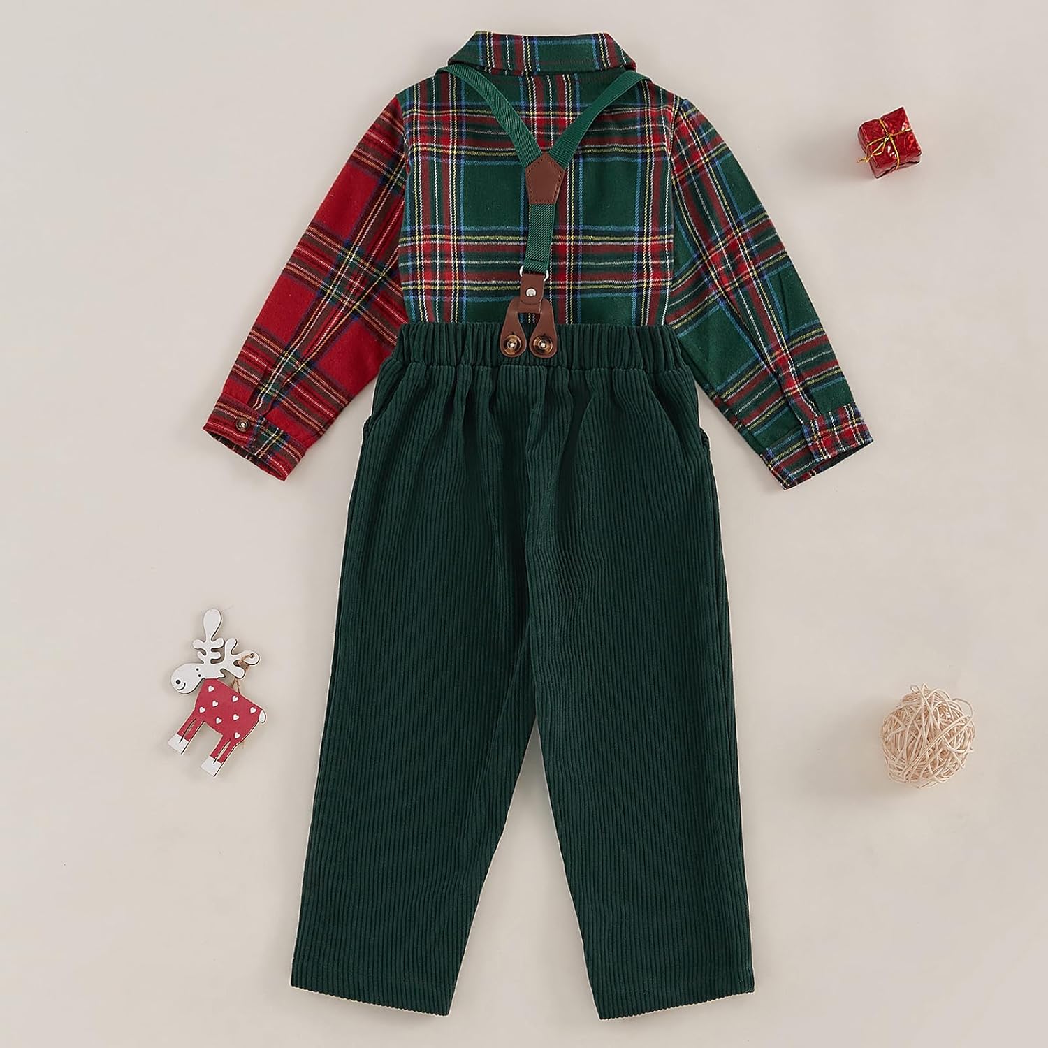 Christmas Boys Suit Bow Tie Long Sleeve Plaid Shirt Suspender Long Pants Formal Gentleman Kids Outfits - Image 7