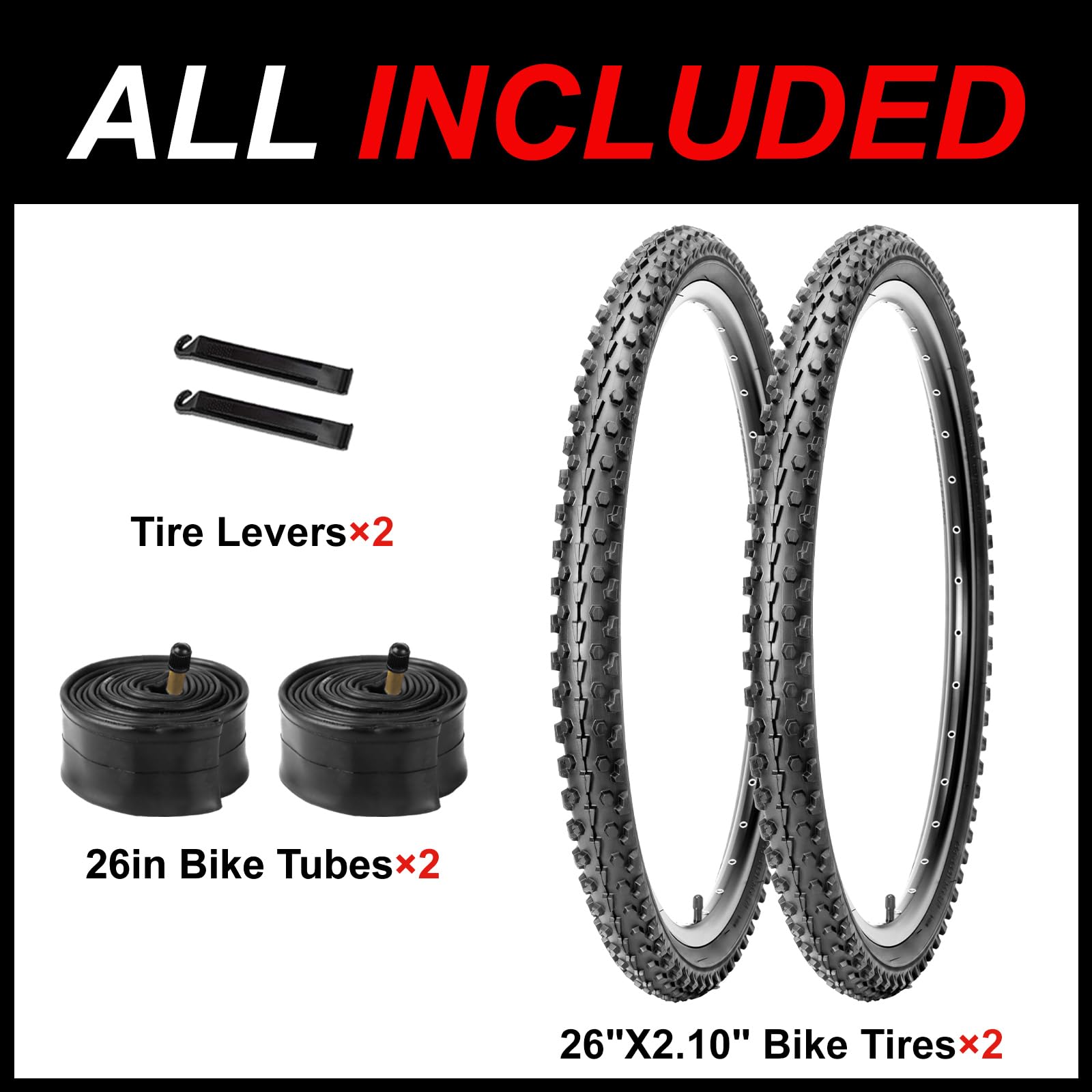 WHEELO Juego de neumáticos para bicicleta de montaña: paquete de 2 neumáticos de bicicleta plegables de repuesto de 26 x 2.1 pulgadas y par de tubos interiores de válvula Schrader con palancas de