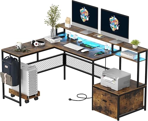 Miniatura 8 de Escritorios de oficina en casa con cajones, escritorio para computadora de 66 pulgadas con almacenamiento, escritorio de oficina con soporte para