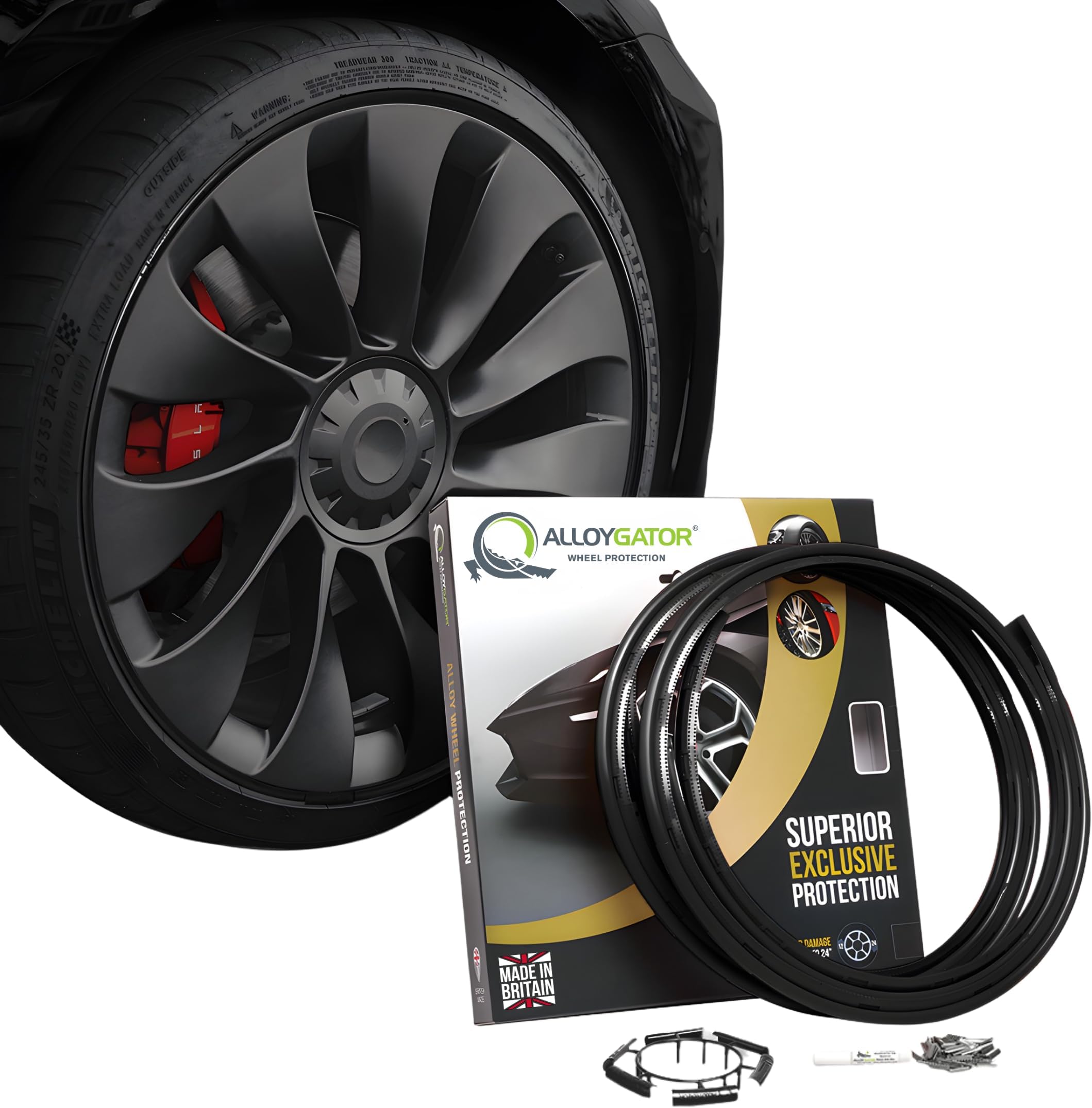AlloyGator Black Alloy Wheel Protectors to Avoid Kerb Scratches & Scuffs – Fits Up to 24" x 4 Wheels | Fits All Cars | Adhesive Free Car Exterior Accessory | 15 Colour Options