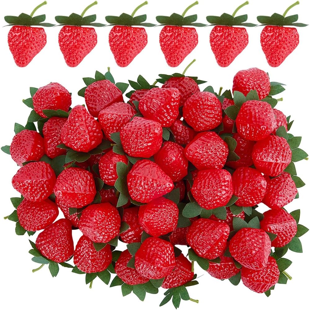 50Pcs Artificial Strawberry Mini Faux Strawberries Plastic Red Lifelike Simulation Fruit Realistic Food Ornaments for Home Kitchen Restaurant Cabinet Wedding Party Decor Photography Prop