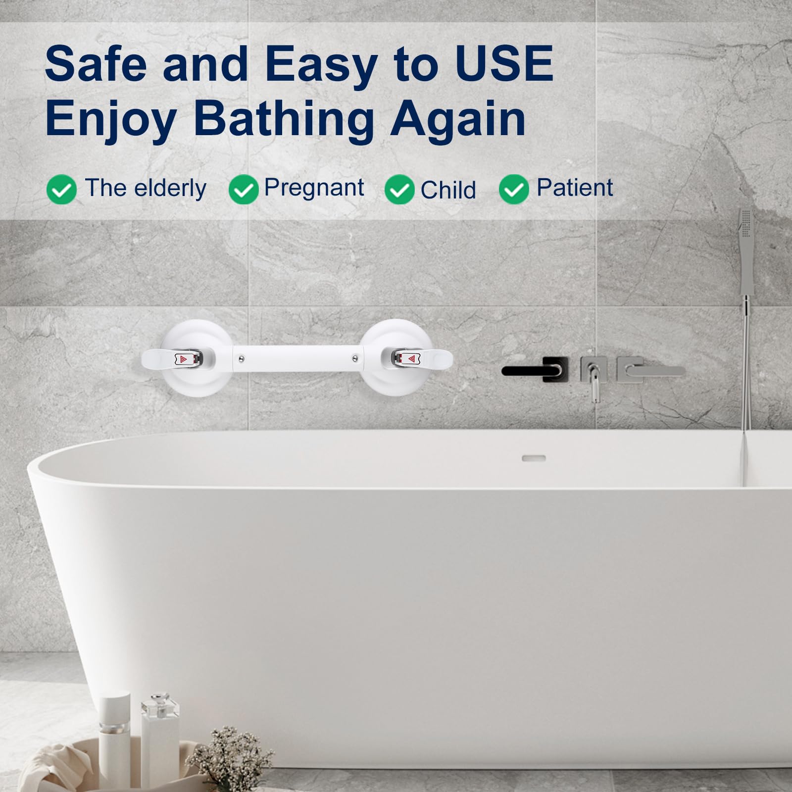 Barras de agarre con ventosa para bañeras y baño, mango de ducha sin herramientas, asa de agarre para personas mayores con indicadores, barra de agarre de ducha para personas mayores