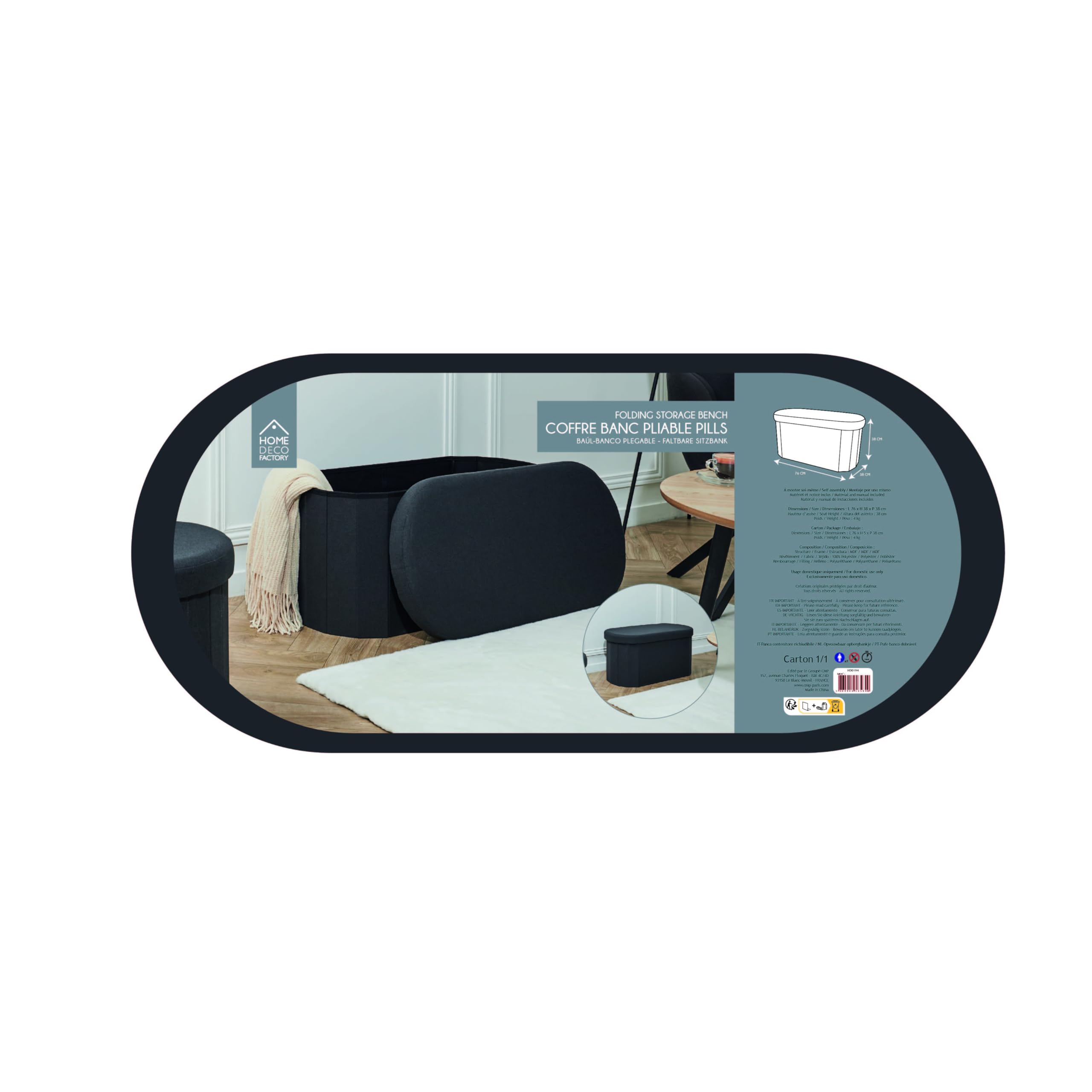 HOME DECO FACTORY - HD0194, Baúl Banco Plegable Negro, Modelo Pills M2, Mobiliario, Asiento, Baúl y Banco Plegable, 76x38x38 cm, Altura Asiento 38 cm, Negro