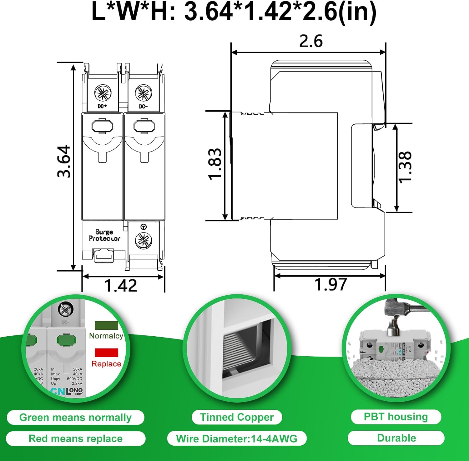 CNLONQ Voltage Surge Protector DC 600V 2P 40KA Solar PV Lightning Arrester Device for RV, Home and Solar Lightning Protection System 35mm DIN Rail Mount