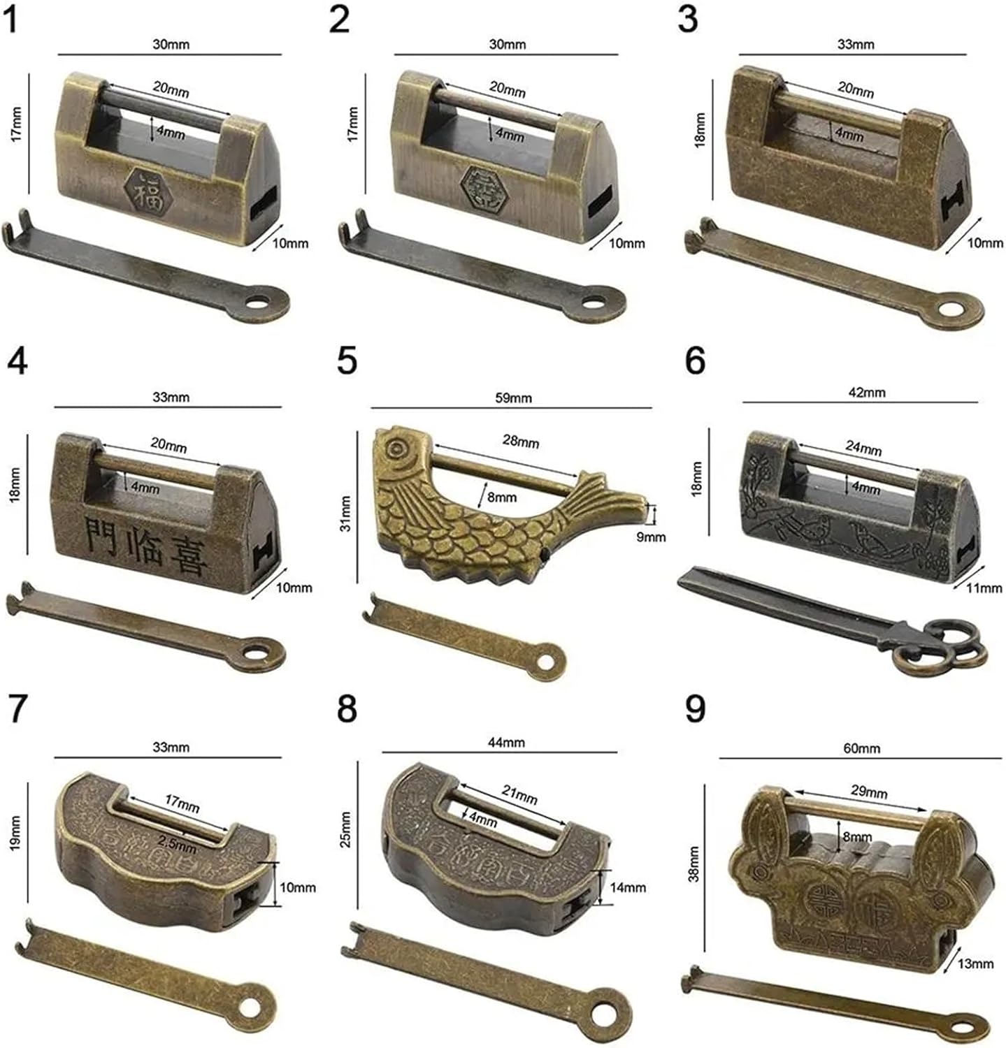 Old Style Lock with Key Retro Bronze Padlock Zinc Alloy Decorative Small Lock Head for Wooden Box Jewelry Storage Box 1Pcs(9)