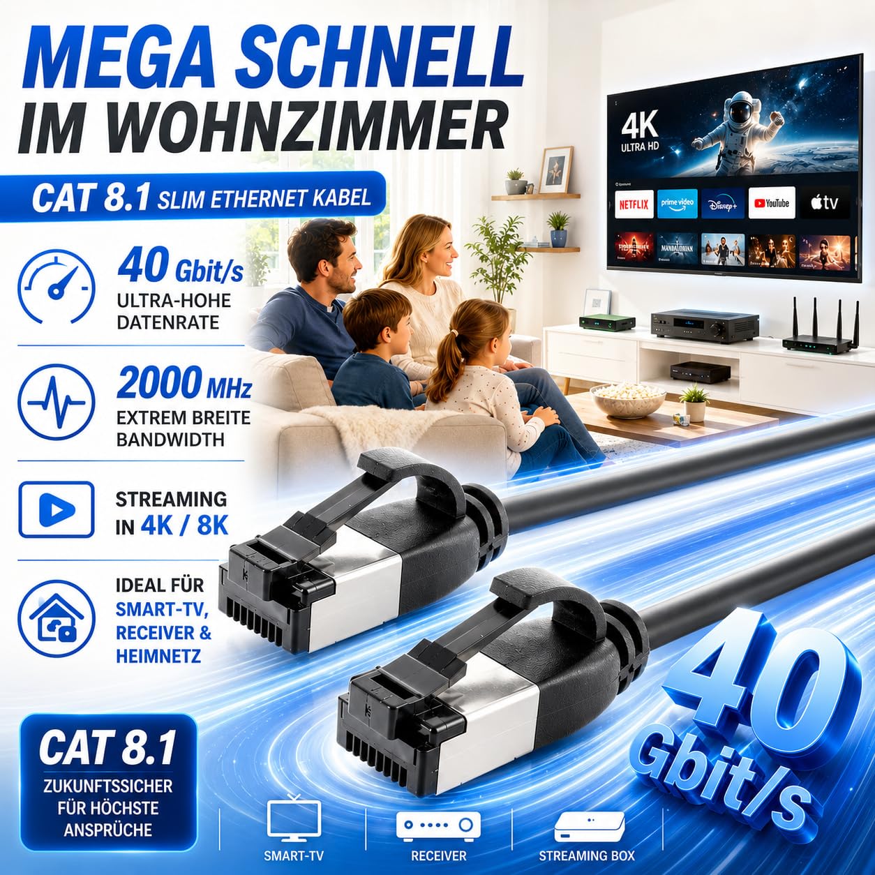 1aTTack.de 1m Cat 8.1 Lan Kabel Netzwerkkabel (10 Stück) Cat 8 Ethernet Kabel mit RJ45 Stecker Slim und dünn mit 40 Gbps Übertragungsrate Schwarz 1.0 Meter