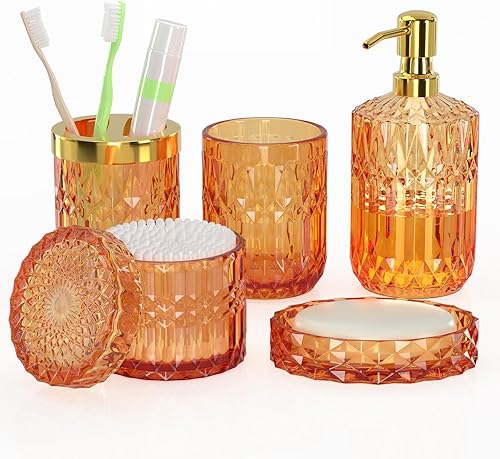 Juego de 5 accesorios de baño naranja de alta calidad, moderno organizador de tocador de cristal para decoración de baño, dispensador de jabón de disponible en Yaxa Colombia