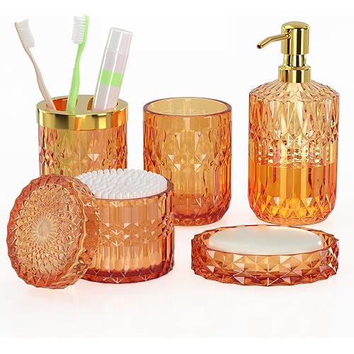 Orange Bathroom Accessories Set, 5 Pcs Clear Glass Bathroom Accessories with Lotion Soap Dispenser, Soap Dish, Toothbrush Holder, Tumbler, Cotton Swab Jars