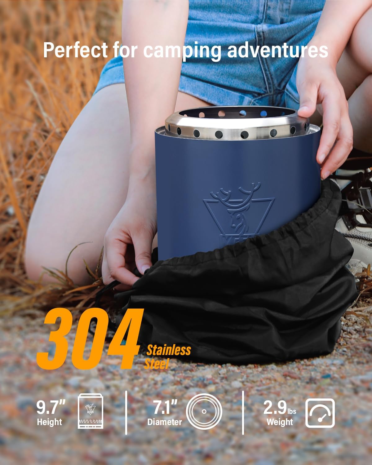 YEFU Tabletop Fire Pit 9.7 x 7.1 in, Flame Intensity Control Camping Stove for Outdoor & Patio, Fueled by Pellets or Wood, Safe Burning Table Top Firepit, with Travel Bag & 2 Mini Sticks, Blue