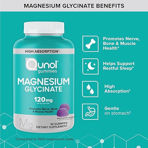 Miniatura 2 de Qunol Gomitas de glicinato de magnesio, 120 mg de glicinato de magnesio, alta absorción, bayas mixtas, 90 unidades (paquete de 1)