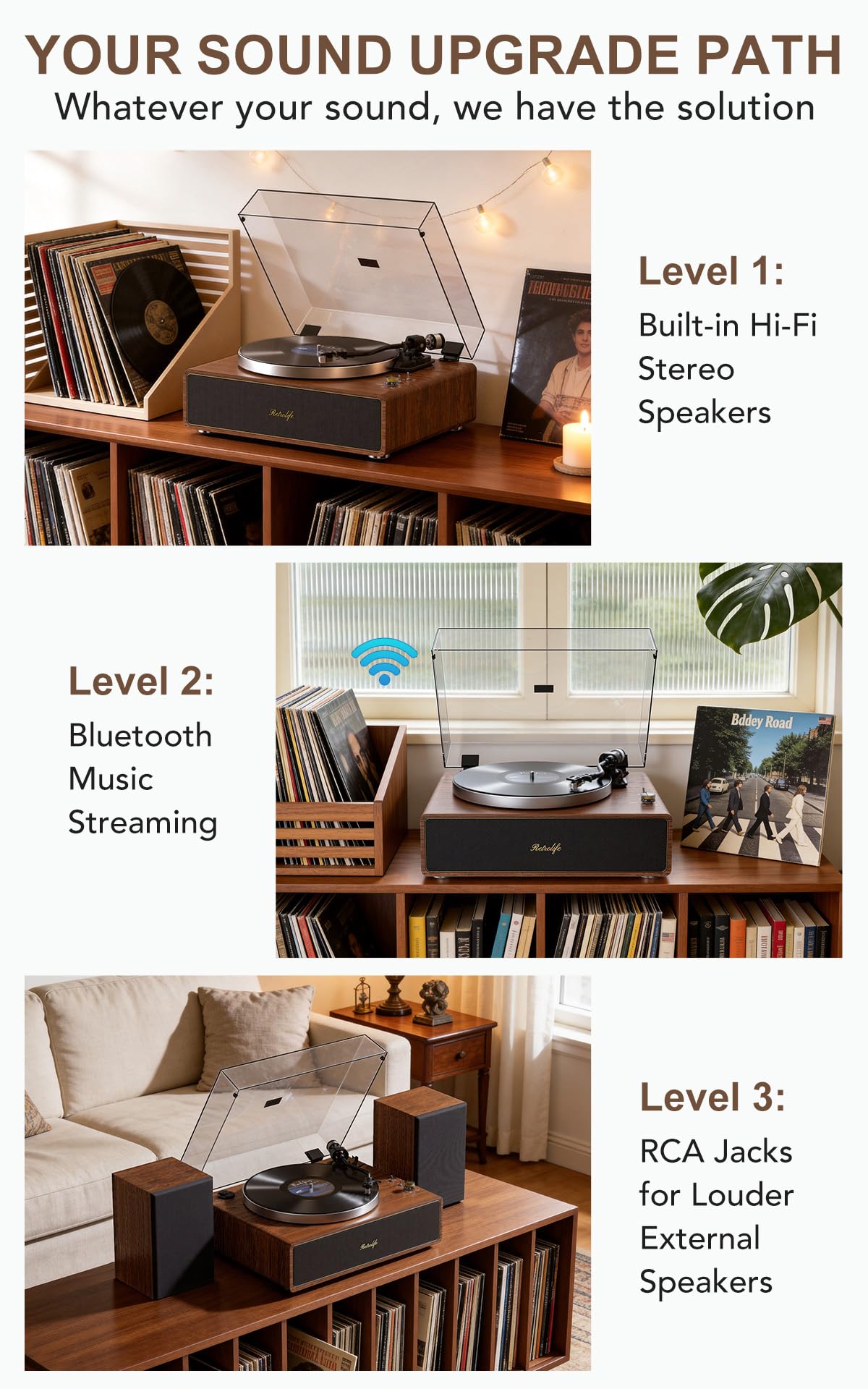 Retrolife Plattenspieler mit Integrierten Lautsprechern Riemenantrieb 33/45 U/min Vinyl Schallplattenspieler Unterstützt Bluetooth-Wiedergabe mit Auto-Stopp Funktion RCA Out und AUX-In Gelb-braun