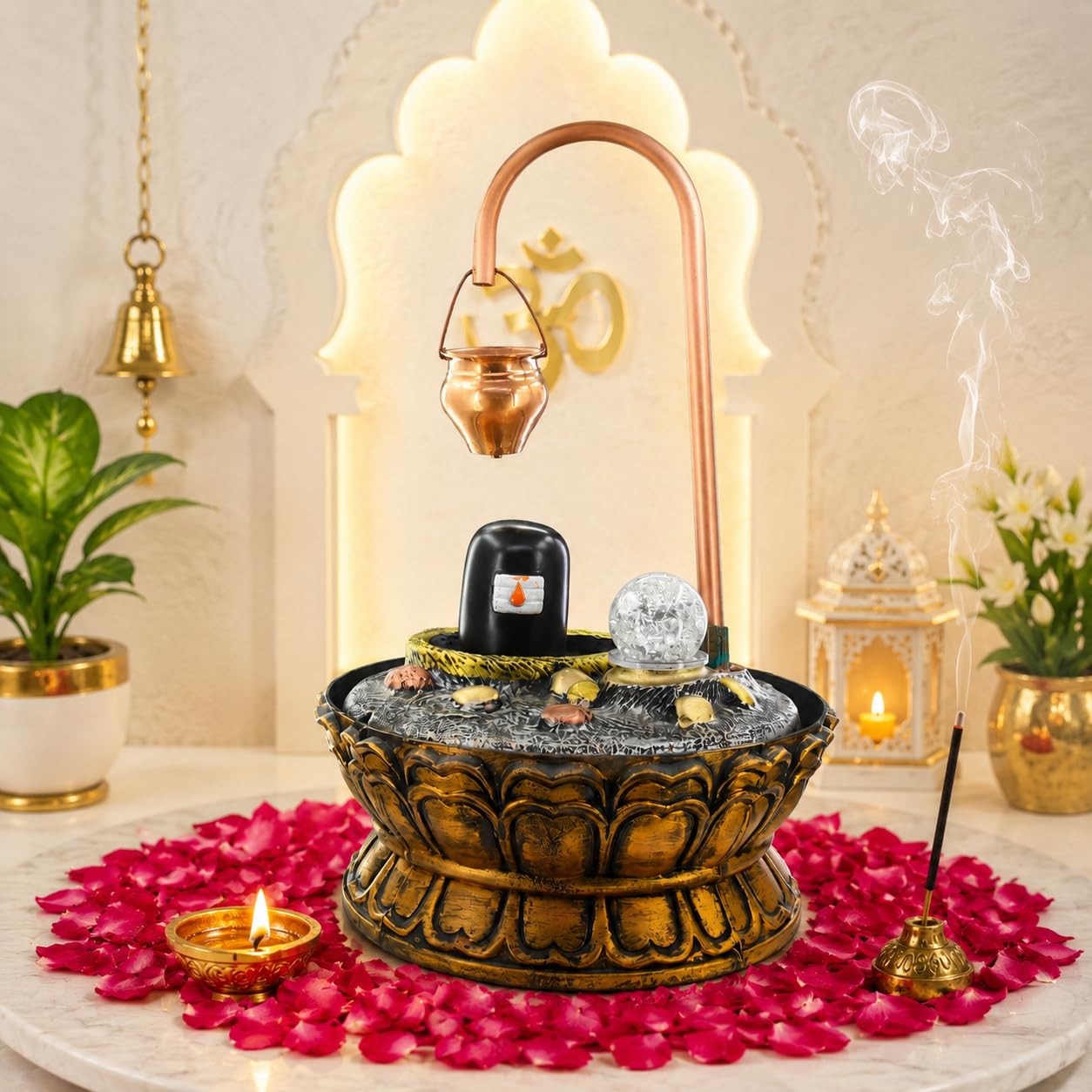 Lord Shiva Shivling Water Fountain with Copper Kalash, LED Crystal Ball & Flowing Water | Decorative Shivling Fountain for Home Temple, Office, Meditation, Vastu & Gift-image-47