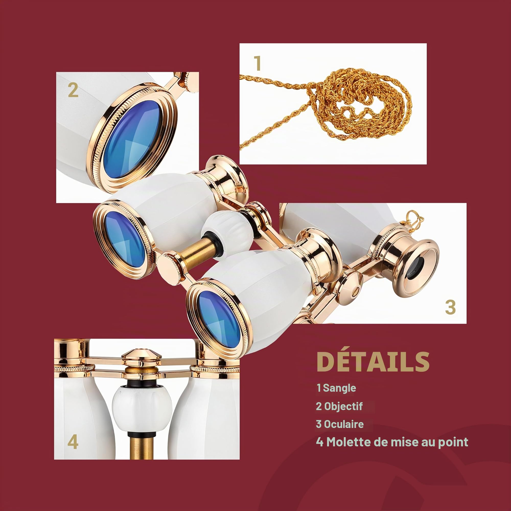 ESSLNB Jumelles de théâtre 4 x 30 avec chaîne et étui en verre optique pour femme - Pour théâtre, concert, cadeau pour femme (blanc)