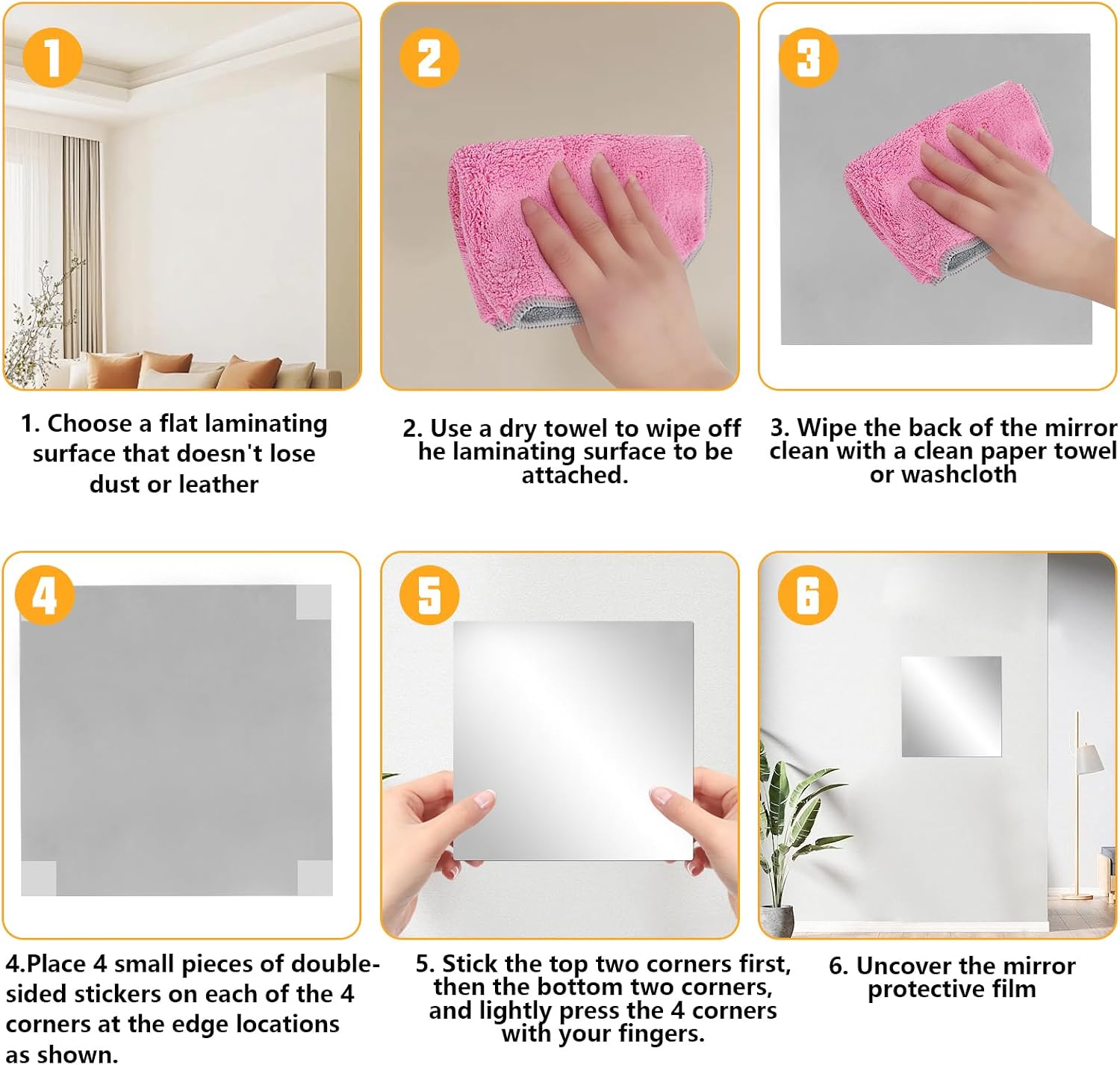 6 PcsMirror Tiles Self Adhesive Mirror for Walls, Small Wall Mirror Stickers for Walls, 8 x 8 Inch Frameless Flexible Decorative Unbreakable Acrylic Mirrors for Bedroom Home Decorations