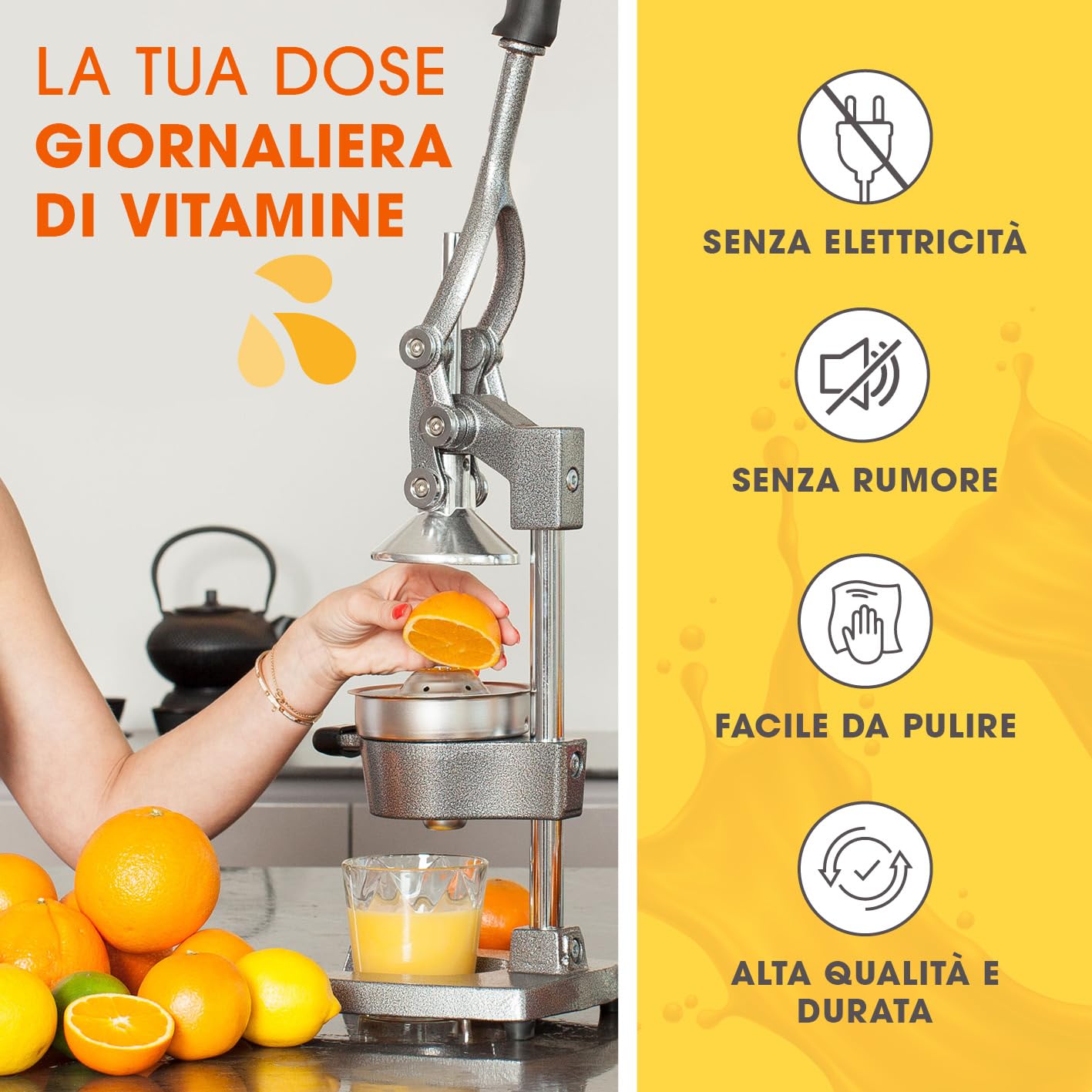 Lumaland Spremiagrumi in Acciaio Inox, di Alta qualità, Molto Silenzioso, Utilizzabile manualmente, Elegante spremiagrumi, esente da Manutenzione e Potente per Molto più succhi di Frutta, Basta