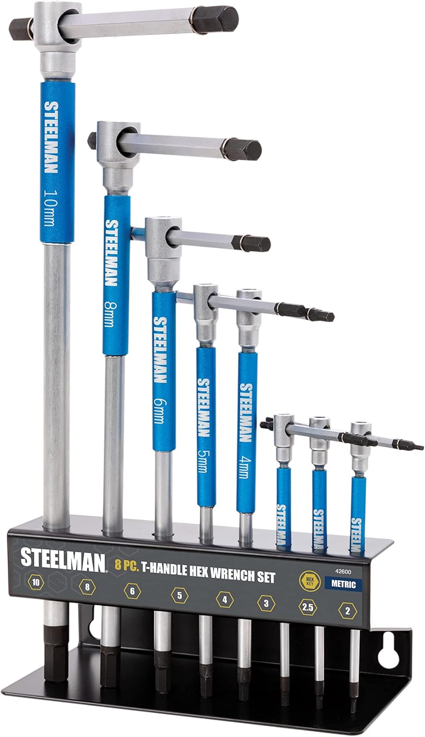 Steelman 8-Piece Standard T-Handle Allen Hex Key Wrench Set, Free Spinning Sleeves, Sliding Handle for Access, Precision Machined Tips, with Storage Tray, for Bicycle, Auto, Moto, Small Engine (42601)
