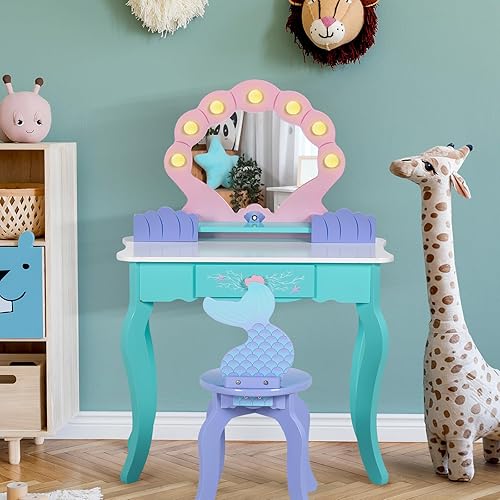 Miniatura 16 de Juego de tocador para niños con espejo iluminado, juego de tocador de maquillaje de princesa y taburete con estante de almacenamiento de joyas y