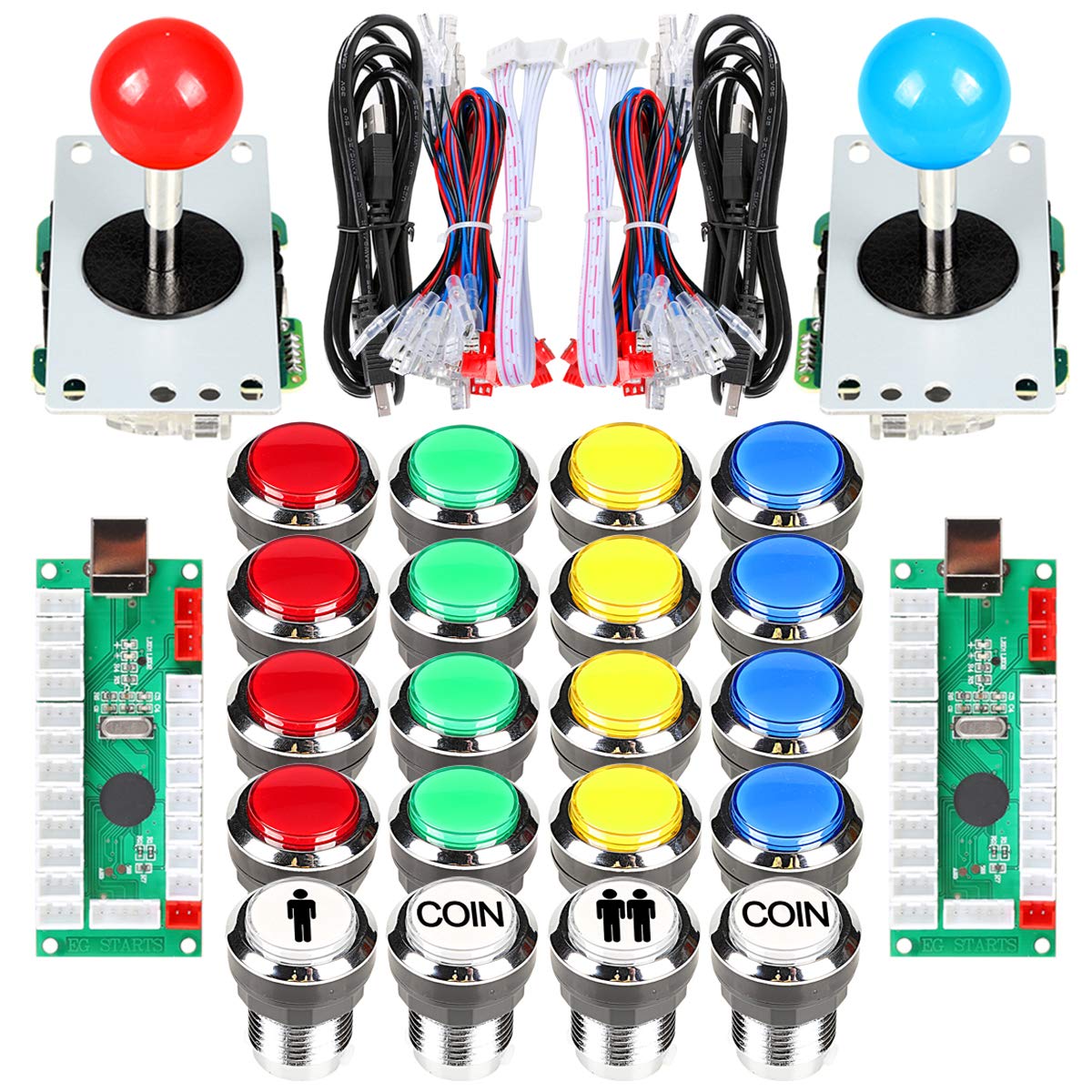 Fosiya 2 Giocatori Arcade Joystick LED Chrome Pulsanti per PC MAME Raspberry Pi Videogiochi Arcade Cabinet Parts (Colori Misti)