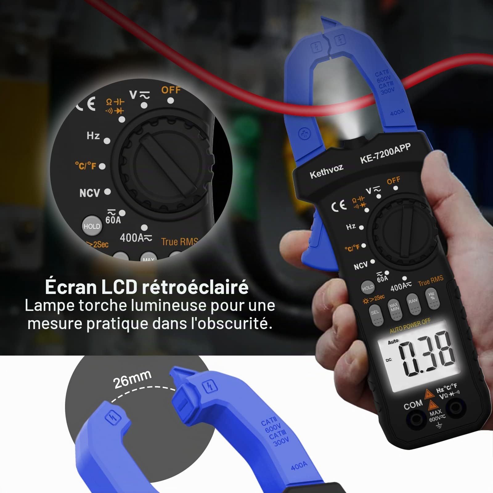 Kethvoz Multimètre Pince Ampèremétrique Bluetooth, 400A Testeur à Pince Mesurez AC/DC Courant Tension Ohm Hz Continuité, Voltmètre Ampèremètre 7200APP avec Enregistrement Données
