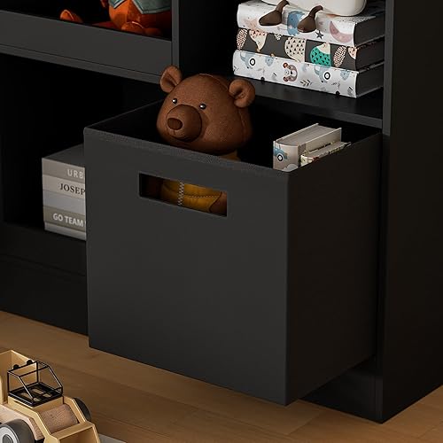 Miniatura 5 de Estantería infantil con 9 cubos, organizador de almacenamiento de juguetes con 2 cajones de tela, estantería abierta de madera independiente de 3