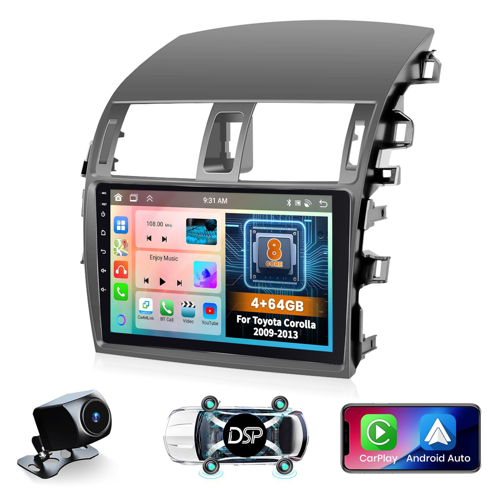 8 core 4+64gb android 13 car stereo for toyota corolla 2009-2013 wireless apple carplay, 9 inch ips touchscreen android auto car radio receiver with 59 themes customize apps support gps navigation