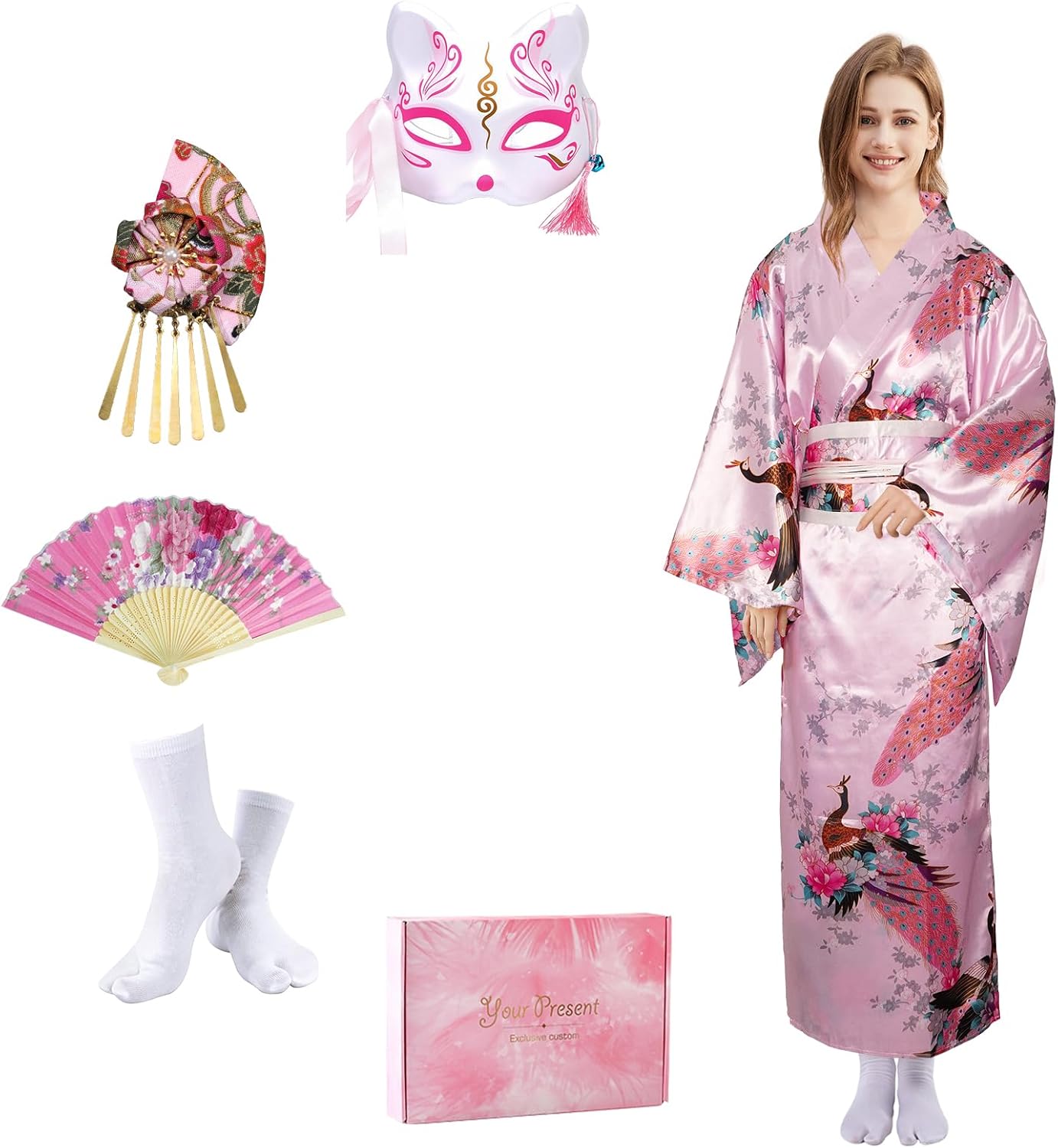 Japanese Kimono Geisha Costume Asian Dress Cosplay Anime Peacock Costume Yukata Cardigan Robe for Women 5pcs