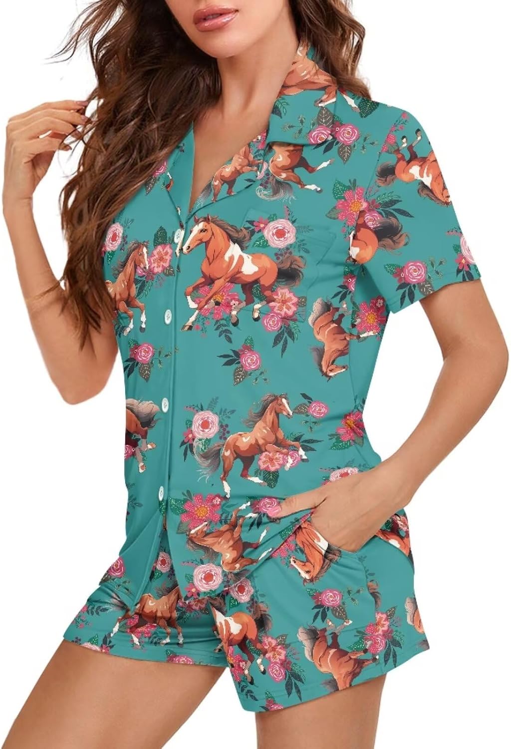 Summer Pajama Set for Women, Short Sleeve Button Down Pjs, 2 Piece Cute Print Loungewear Sleepwear Plus Size