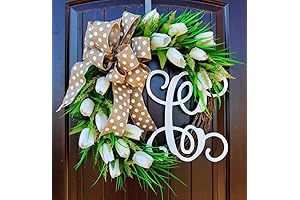in America White Tulip Front Door Wreath with Script Monogram